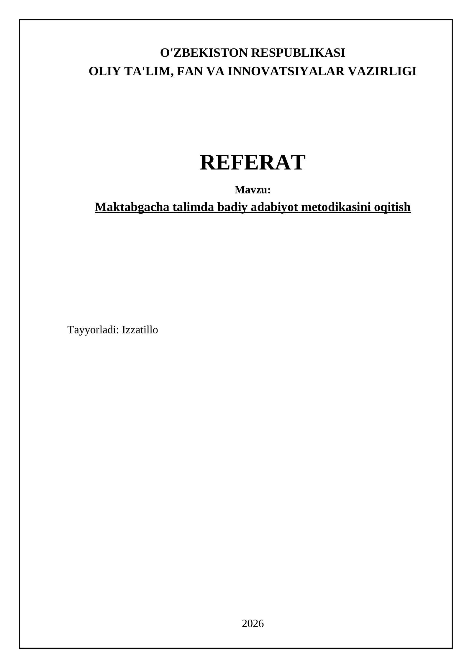 Maktabgacha talimda badiy adabiyot metodikasini oqitish