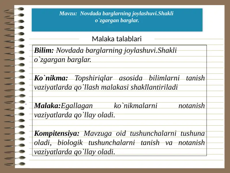Novdada barglarning joylashuvi.Shakli o`zgargan barglar.
