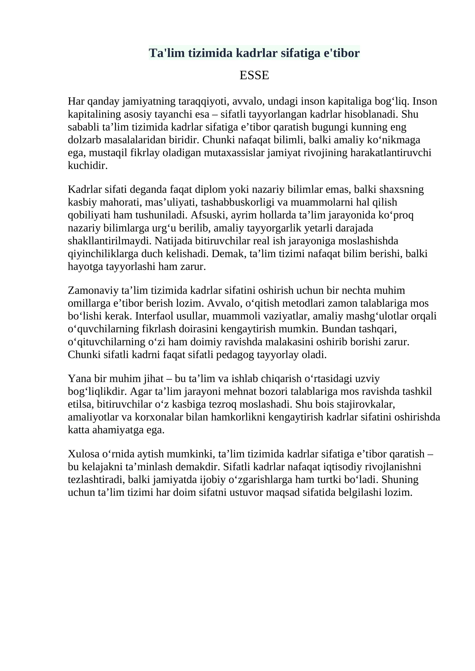 Ta'lim tizimida kadrlar sifatiga e'tibor