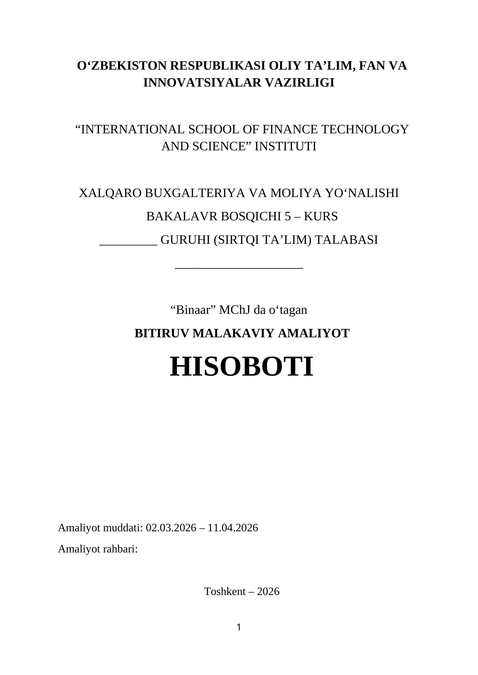Qurilish mollari savdo sotiq mchj boʻyicha Bitiruv Malakaviy Amaliyot Hisoboti.
