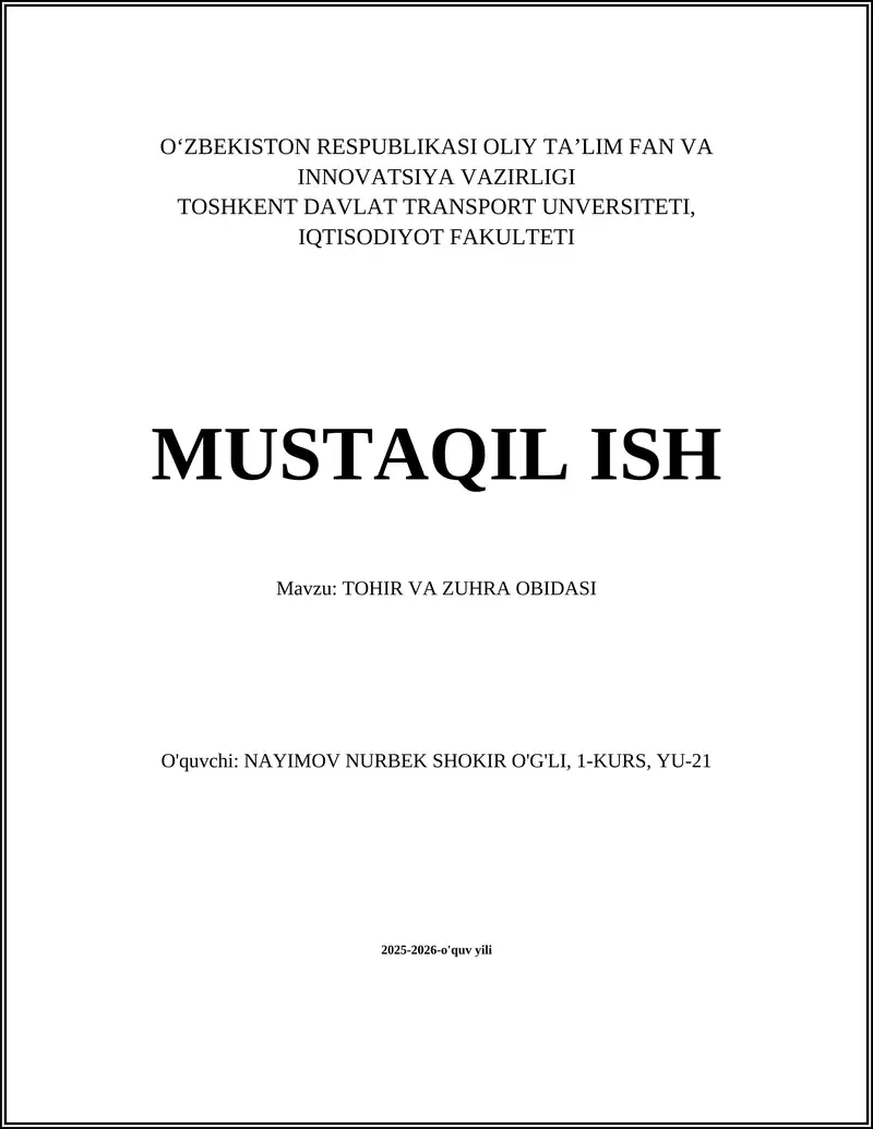 TOHIR VA ZUHRA OBIDASI