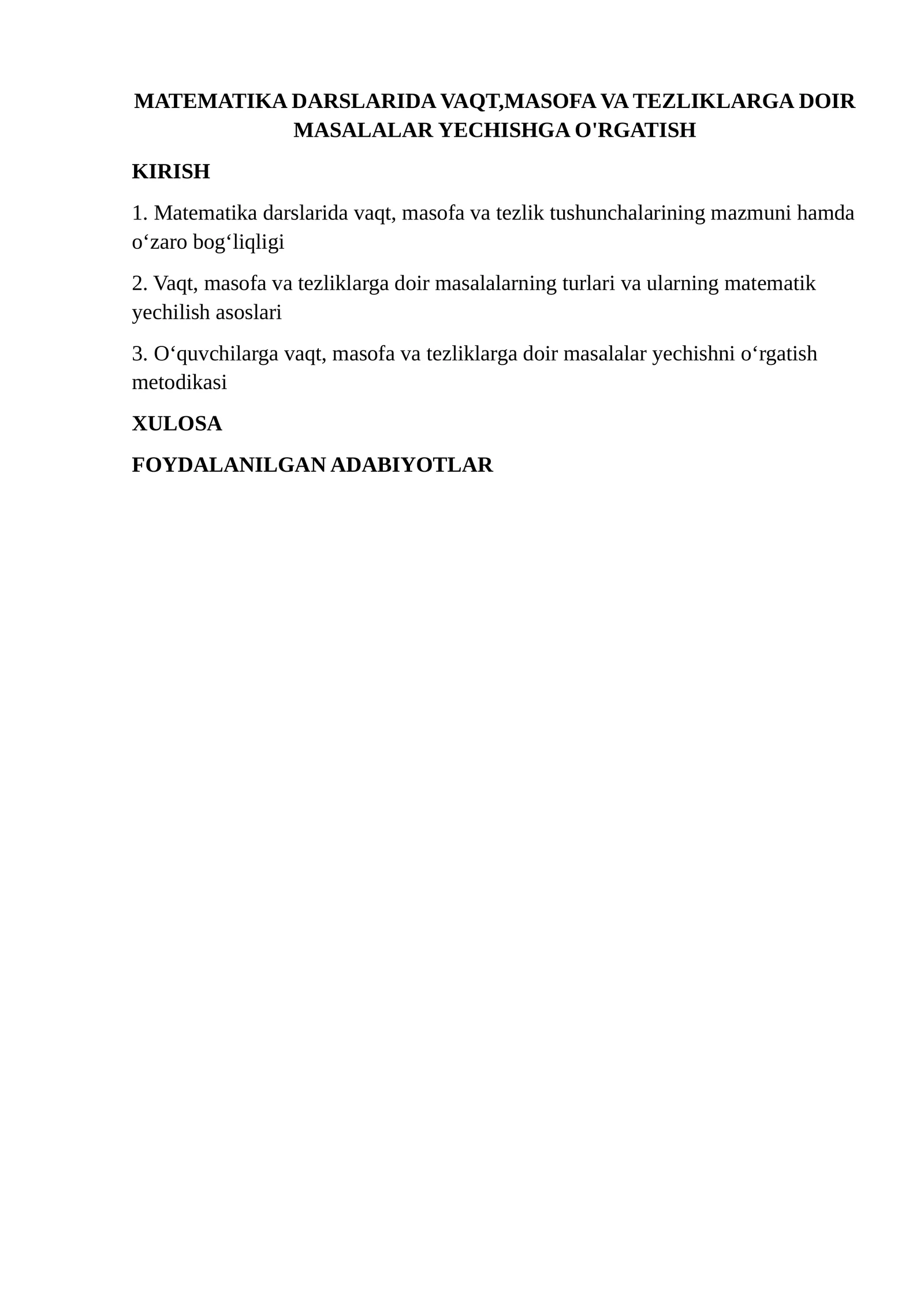 VAQT, MASOFA VA TEZLIKLARGA DOIR MASALALAR YECHISHGA O'RGATISH