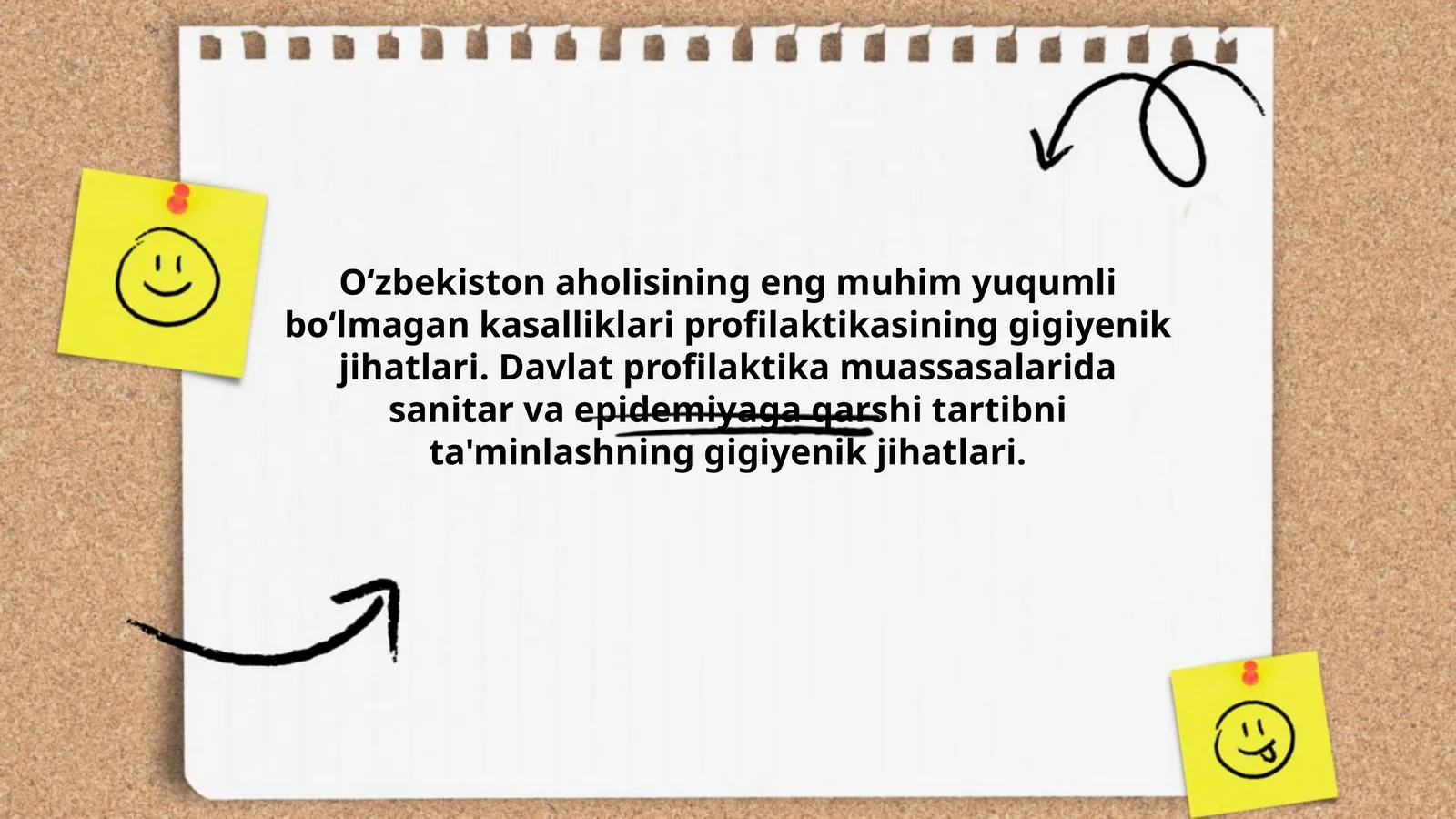 Oʻzbekiston aholisining eng muhim yuqumli boʻlmagan kasalliklari profilaktikasining gigiyenik jihatlari. Davlat profilaktika muassasalarida sanitar va epidemiyaga qarshi tartibni ta'minlashning gigiyenik jihatlari