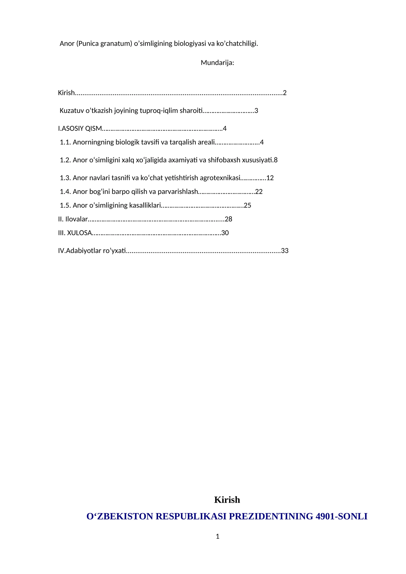 Anor (Punica granatum) o’simligining biologiyasi va ko’chatchiligi