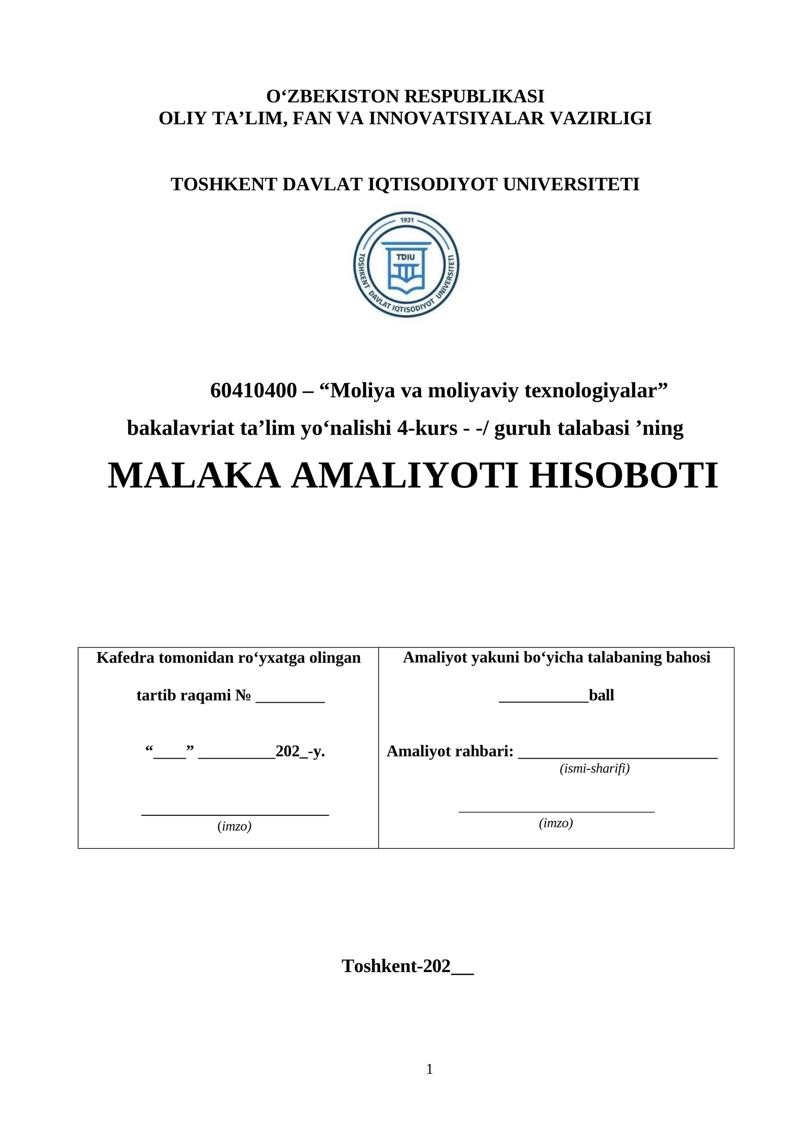 XATB "Davrbank" Olmazor filiali. Amaliyot hisoboti