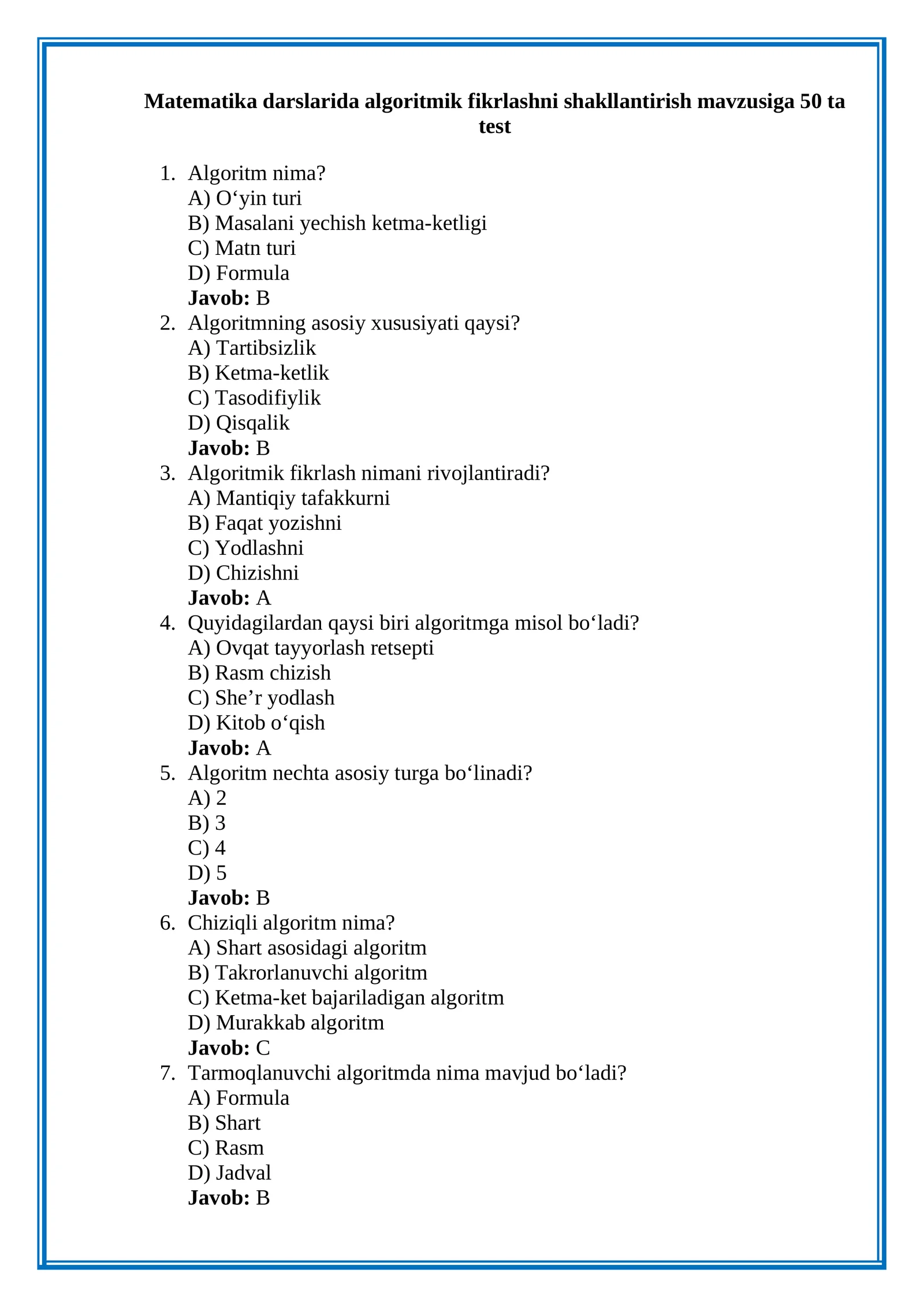 Matematika darslarida algoritmik fikrlashni shakllantirish mavzusiga 50 ta test