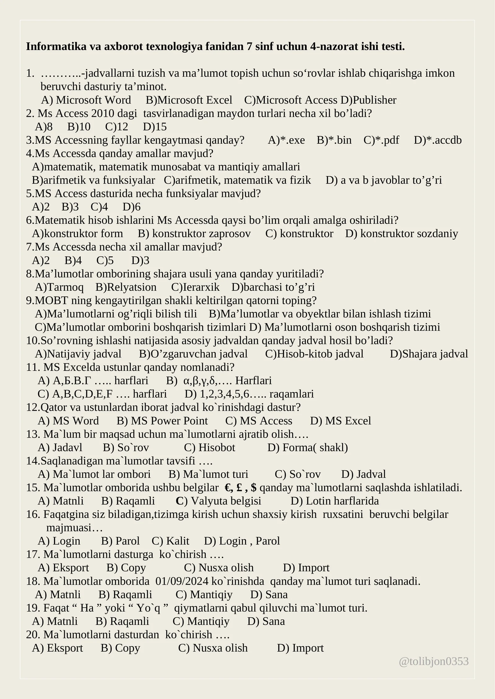 Informatika va axborot texnologiya fanidan 7 sinf uchun 4-nazorat ishi testi