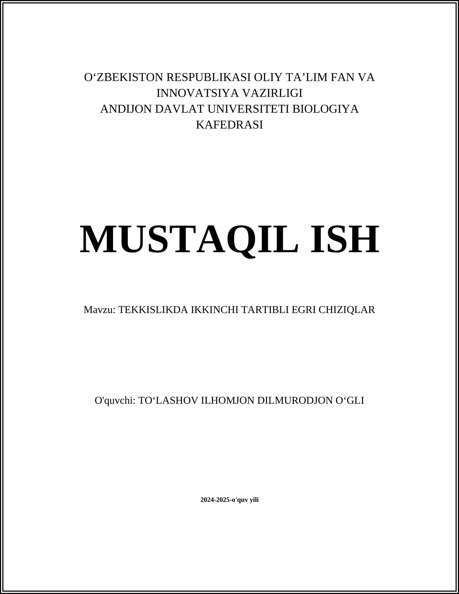 TEKKISLIKDA IKKINCHI TARTIBLI EGRI CHIZIQLAR