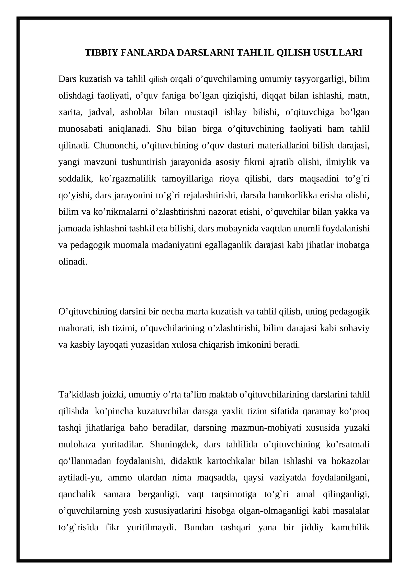 TIBBIY FANLARDA DARSLARNI TAHLIL QILISH USULLARI