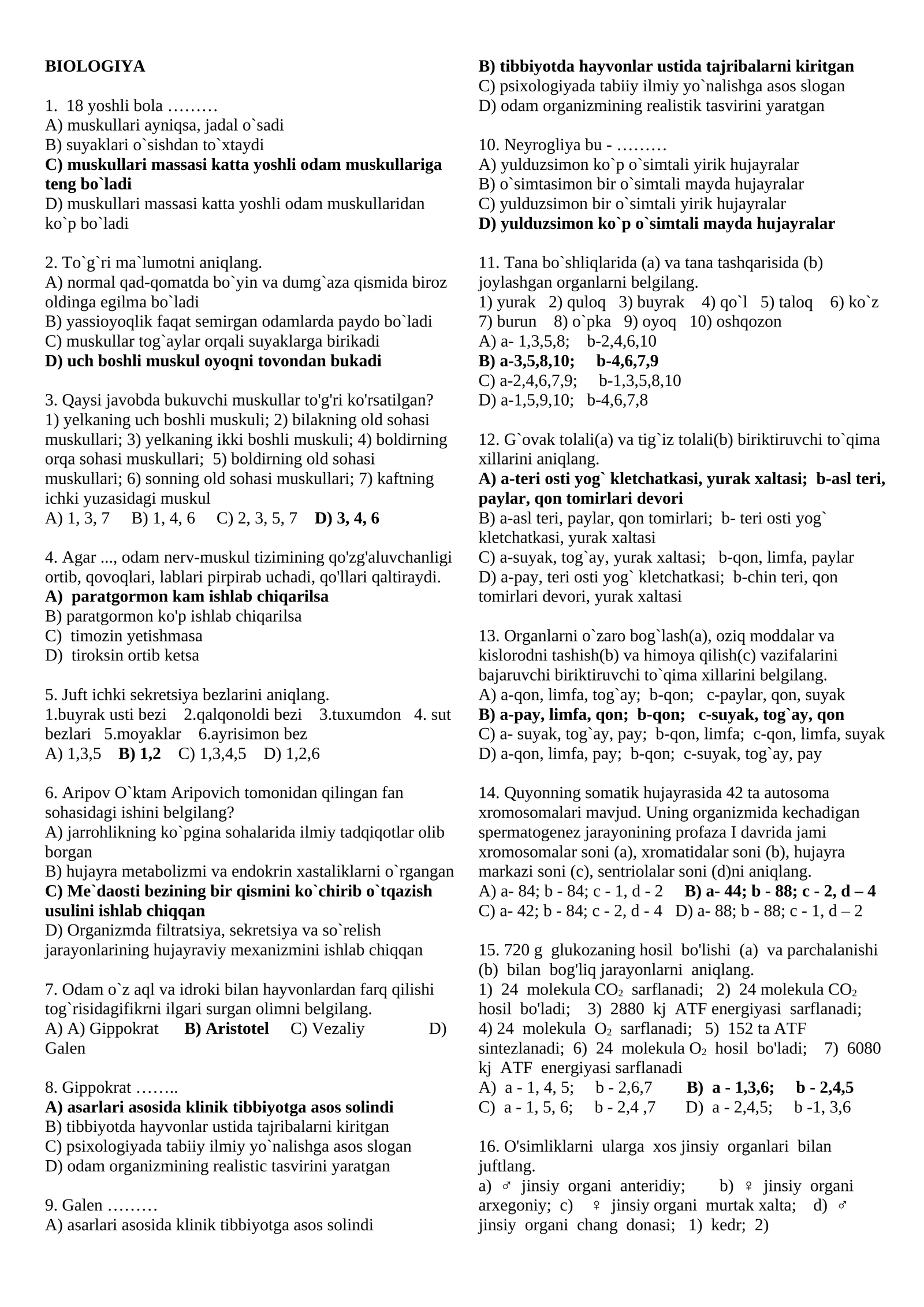 Biologiya bilimni baholash agentlidi (DTM) 1000 talik test javobi bilan