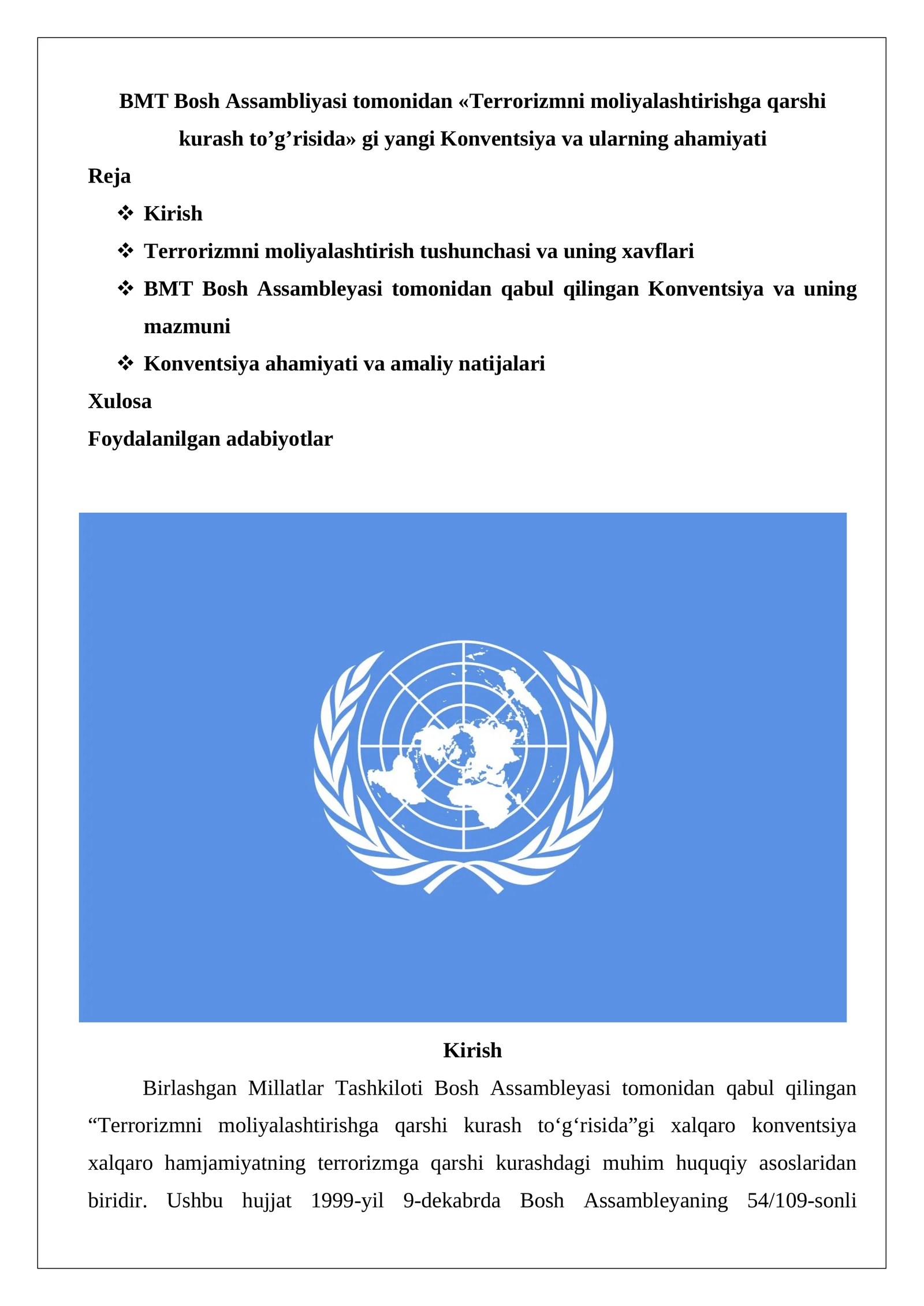 BMT Bosh Аssambliyasi tomonidan «Terrorizmni moliyalashtirishga qarshi kurash toʼ