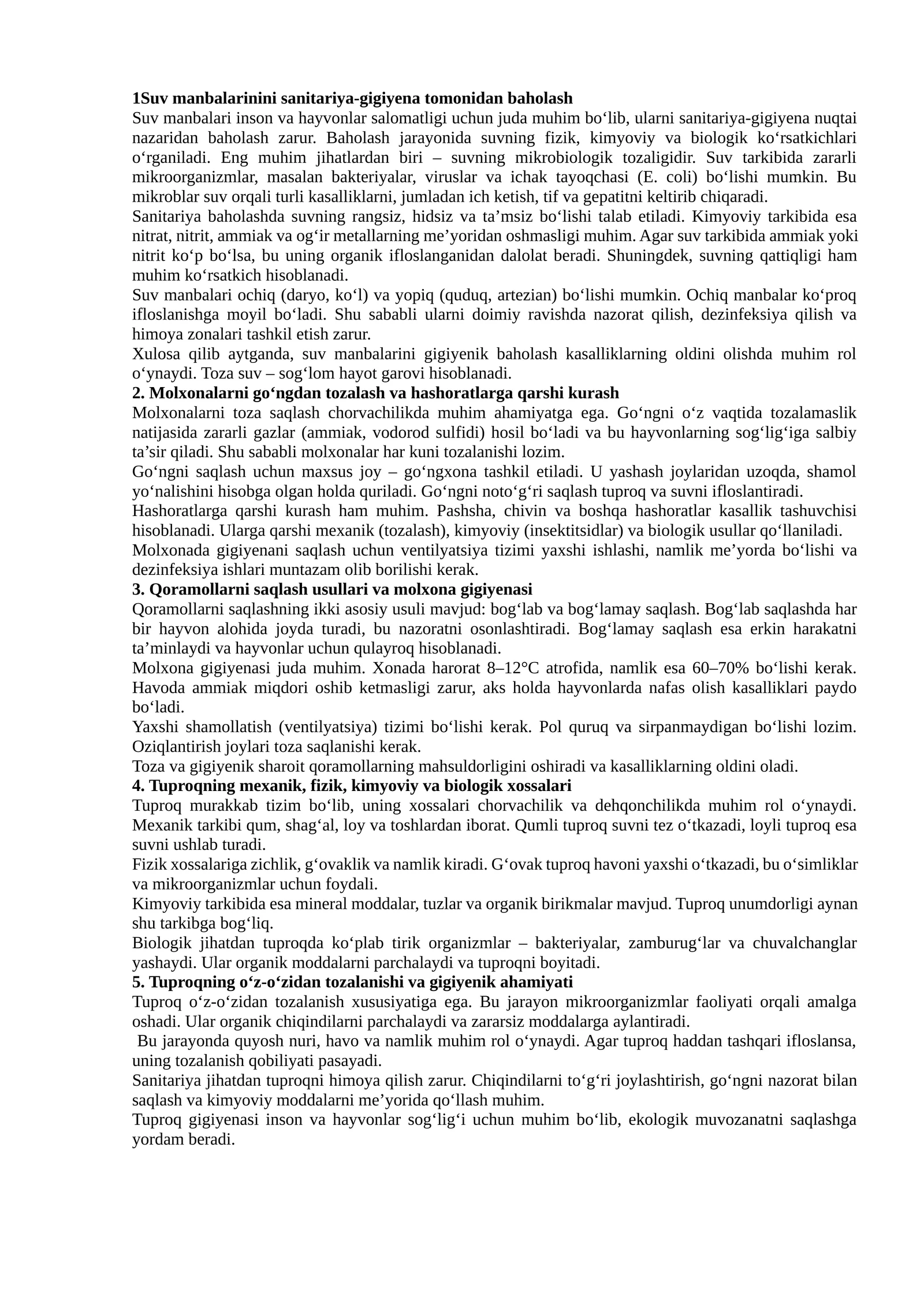 Suv manbalarinini sanitariya-gigiyena tomonidan baholash