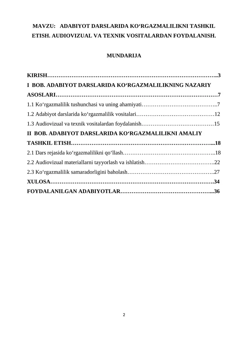 ADABIYOT DARSLARIDA KO‘RGAZMALILIKNI TASHKIL ETISH. AUDIOVIZUAL VA TEXNIK VOSITALARDAN FOYDALANISH