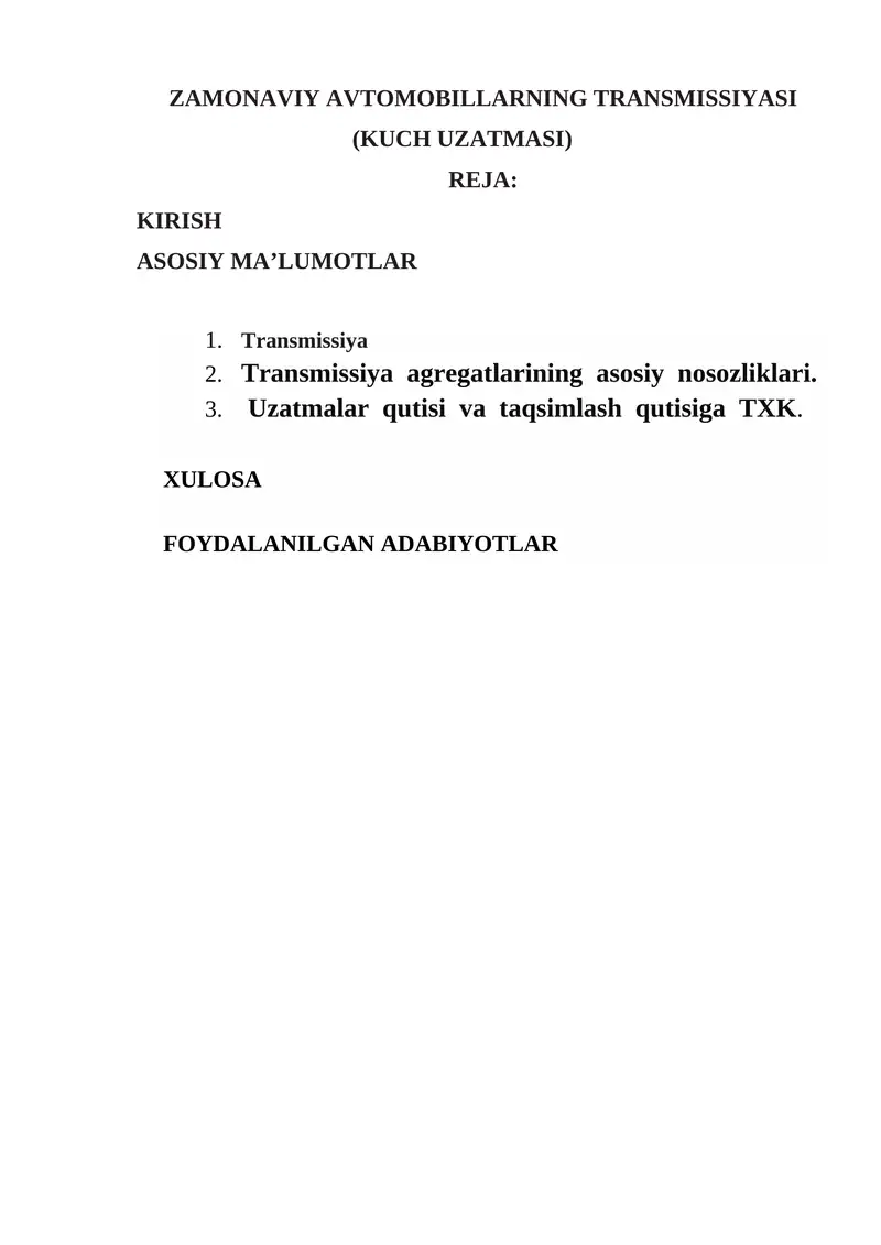 ZAMONAVIY AVTOMOBILLARNING TRANSMISSIYASI (KUCH UZATMASI)
