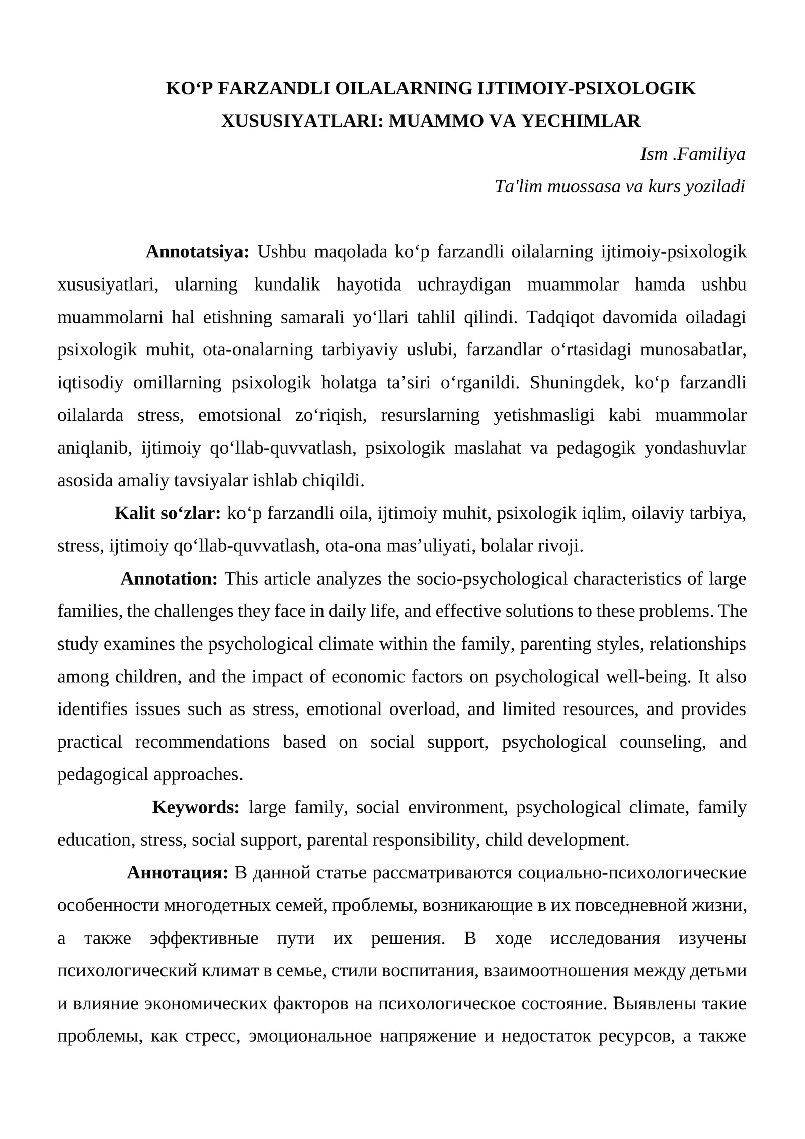 Ko'p farzandli oilalarning ijtimoiy-psixologik xususiyatlari: Muommo va yechimlar