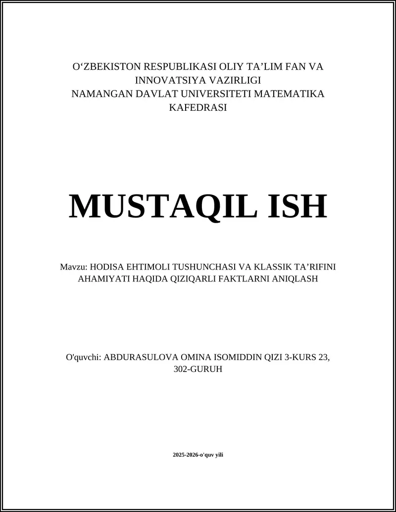 HODISA EHTIMOLI TUSHUNCHASI VA KLASSIK TA’RIFINI AHAMIYATI HAQIDA QIZIQARLI FAKTLARNI ANIQLASH