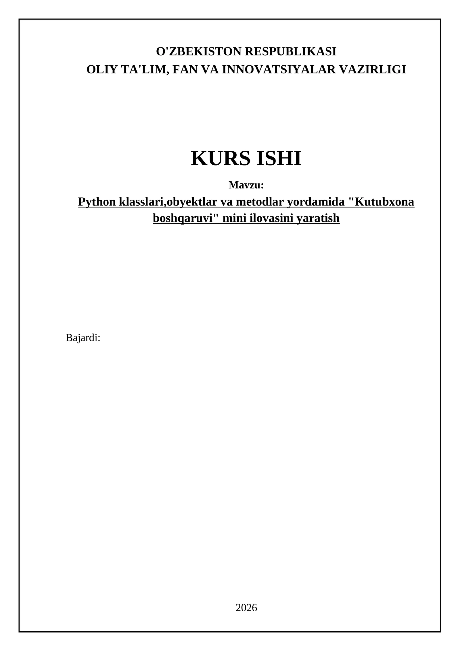 Python klasslari,obyektlar va metodlar yordamida "Kutubxona boshqaruvi" mini ilovasini yaratish