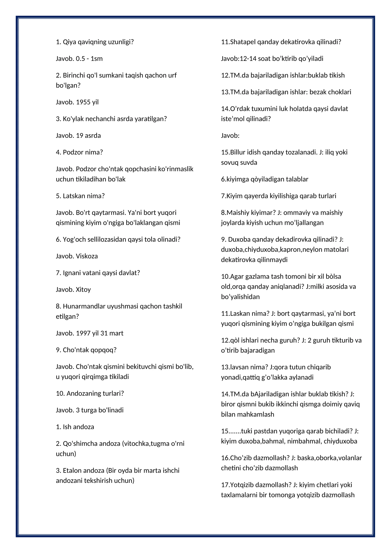 Texnologiya fanidan 200 talik test javoblari bilan