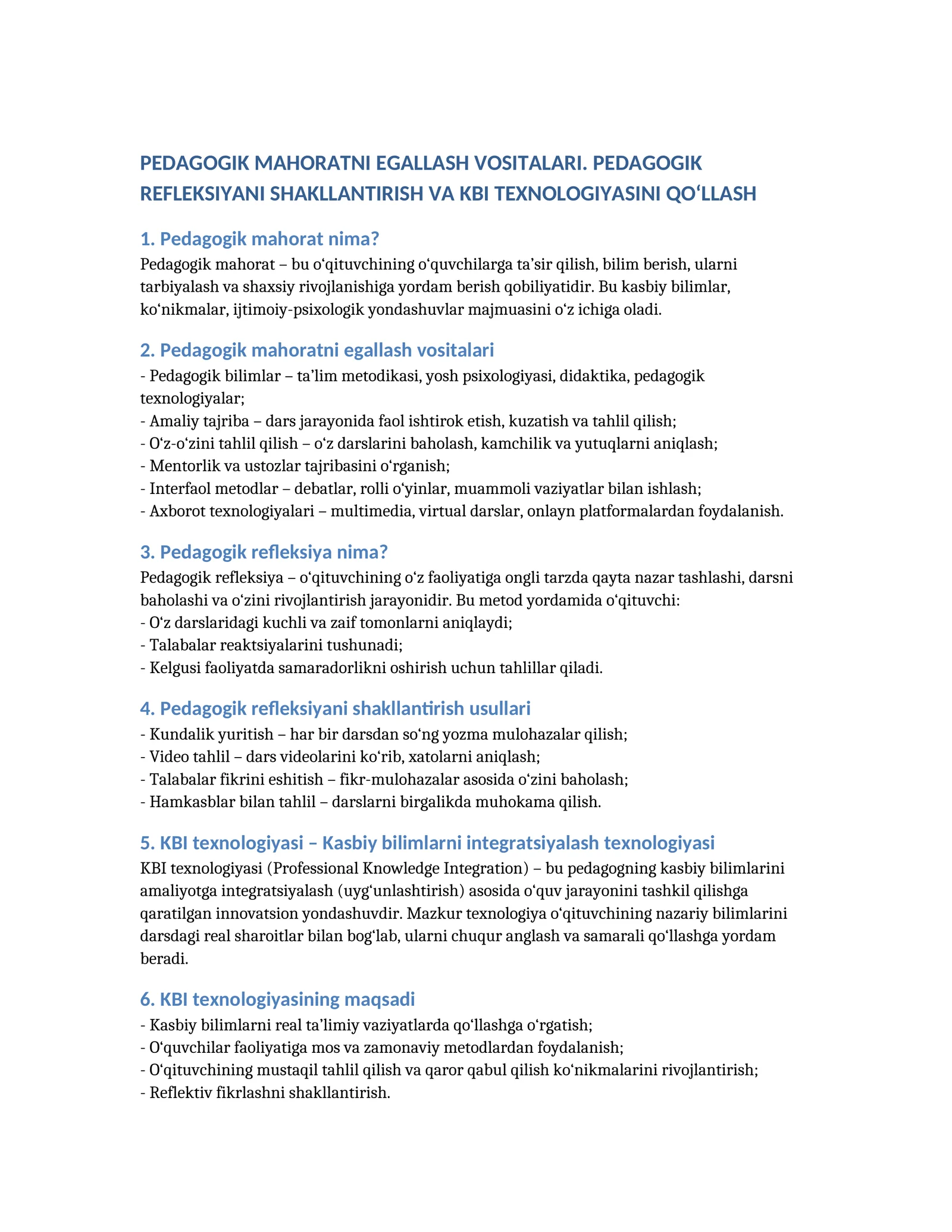 PEDAGOGIK MAHORATNI EGALLASH VOSITALARI. PEDAGOGIK REFLEKSIYANI SHAKLLANTIRISH VA KBI TEXNOLOGIYASINI QO‘LLASH