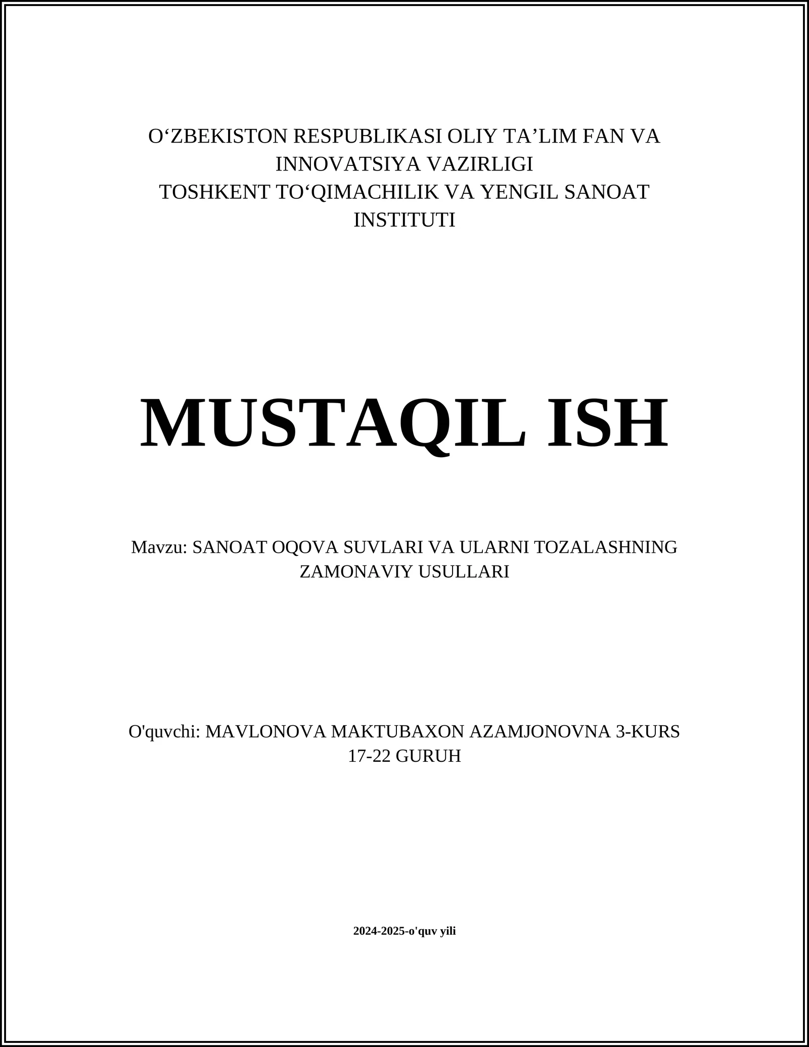 SANOAT OQOVA SUVLARI VA ULARNI TOZALASHNING ZAMONAVIY USULLARI
