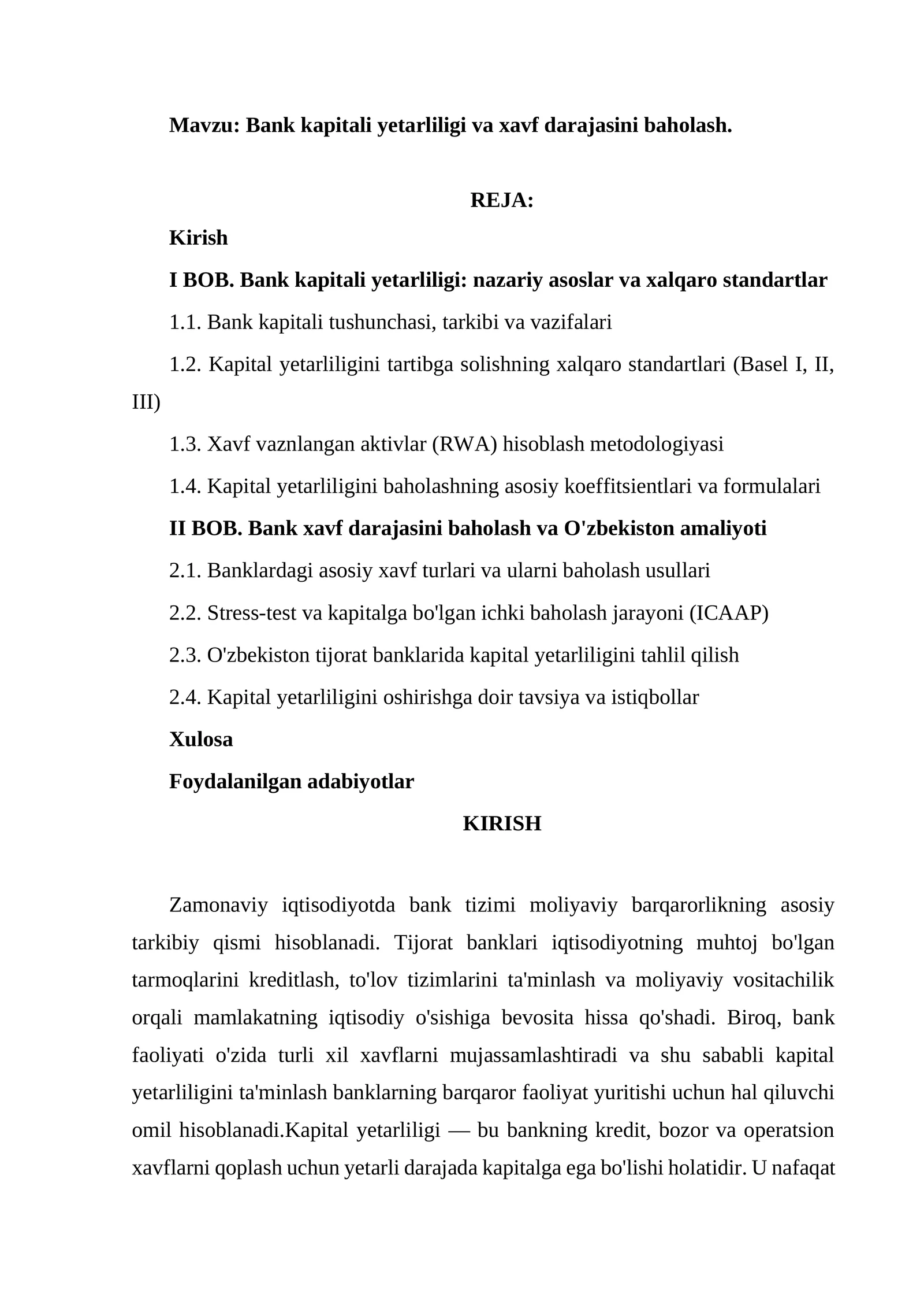 Bank kapitali yetarliligi va xavf darajasini baholash