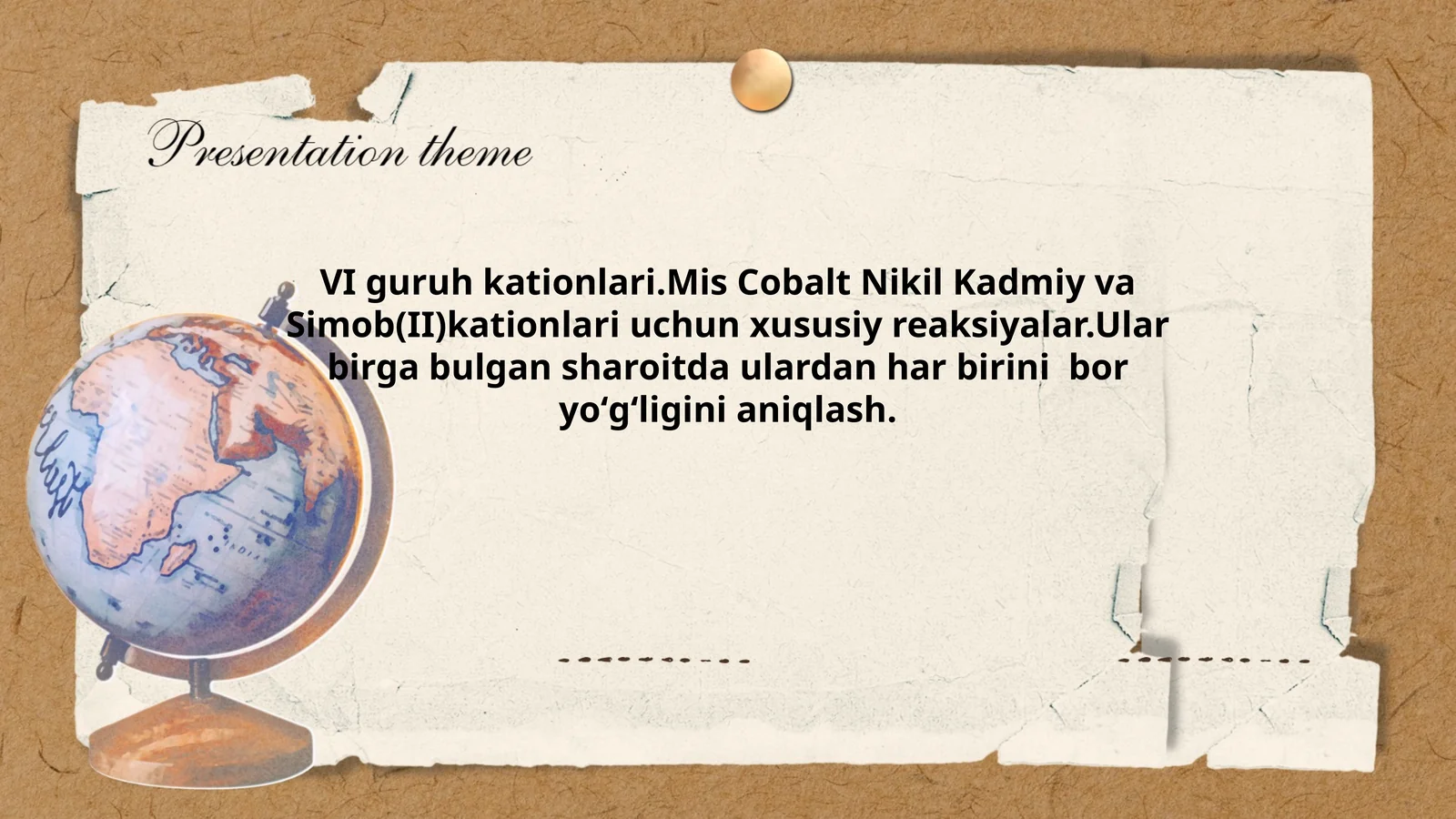 VI guruh kationlari.Mis Cobalt Nikil Kadmiy va Simob(II)kationlari uchun xususiy reaksiyalar.Ular birga bulgan sharoitda ulardan har birini bor yoʻgʻligini aniqlash