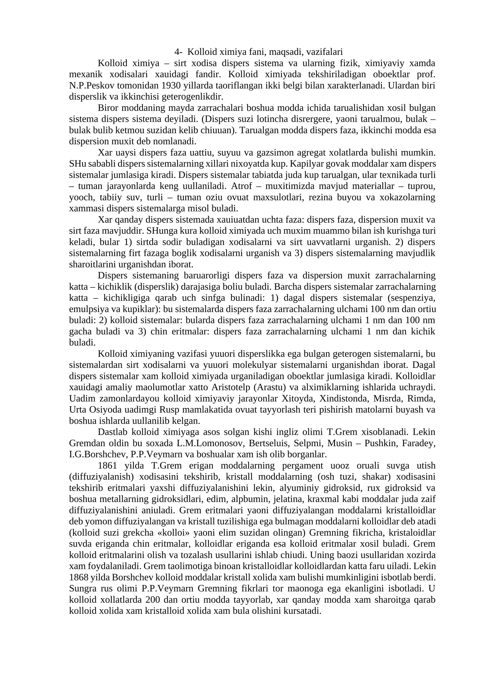 Kоllоid ximiya fani, maqsadi, vazifalari