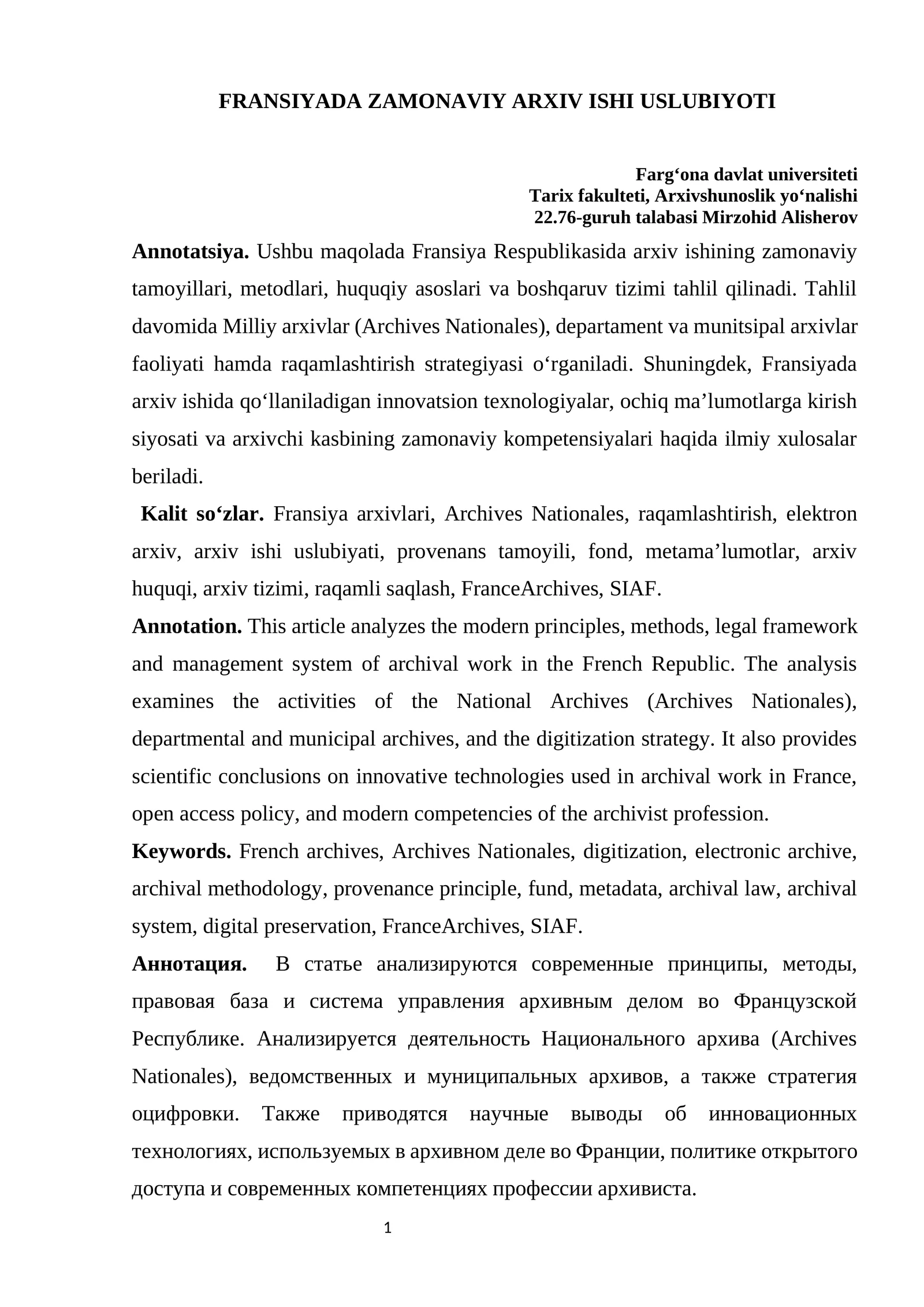 FRANSIYADA ZAMONAVIY ARXIV ISHI USLUBIYOTI