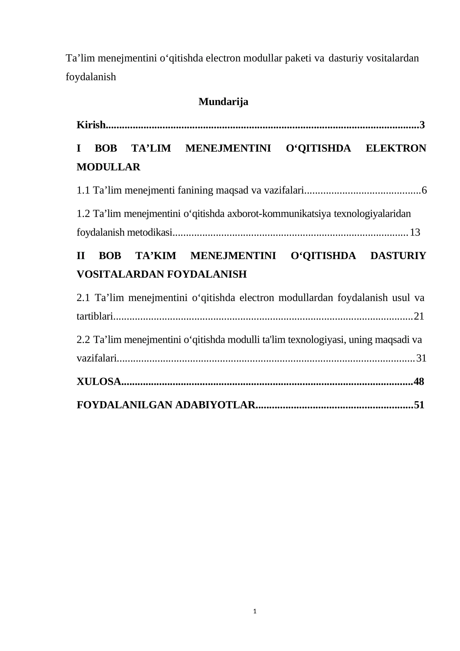 Ta’lim menejmentini o‘qitishda eleKtron modullar paketi va dasturiy vositalardan foydalanish