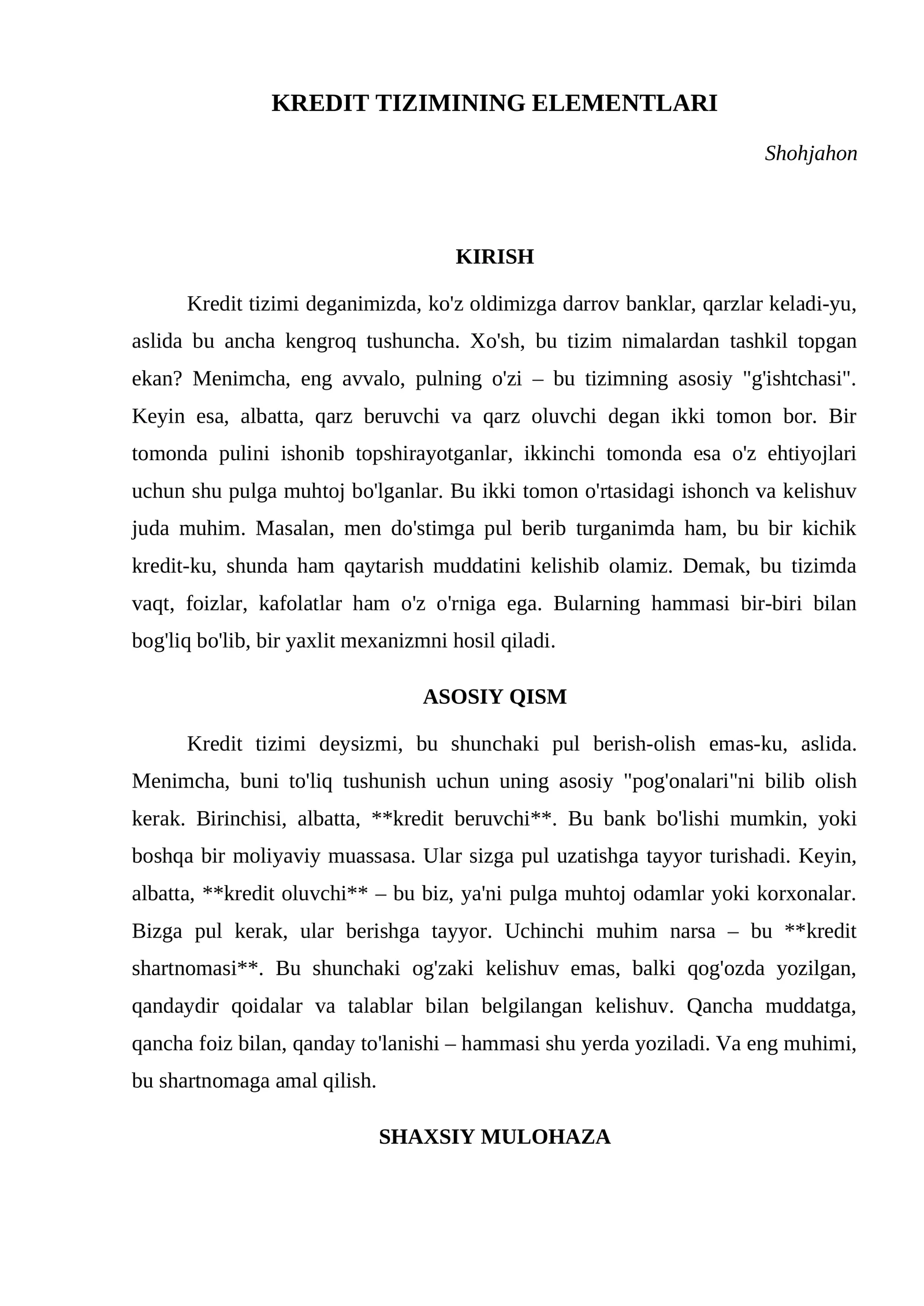 KREDIT TIZIMINING ELEMENTLARI