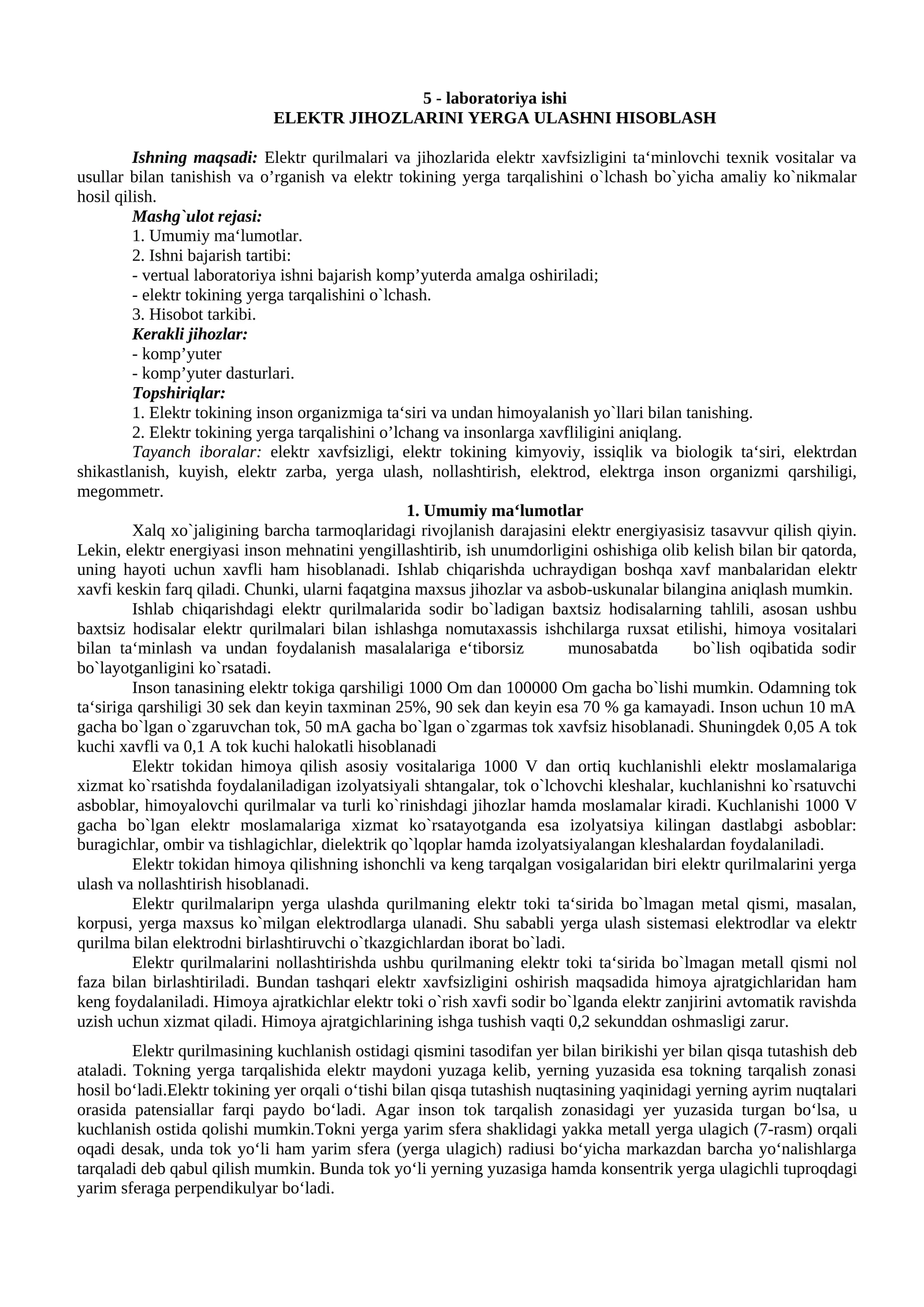 ELEKTR JIHOZLARINI YERGA ULASHNI HISOBLASH