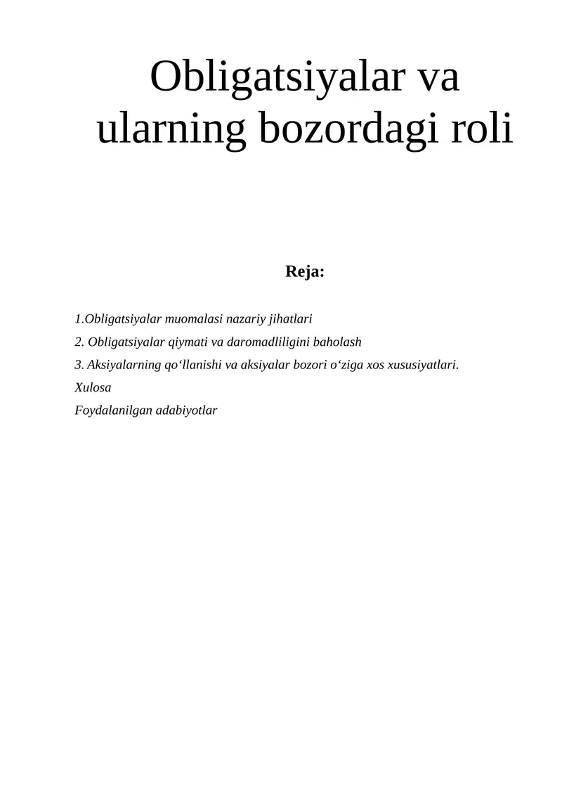Obligatsiyalar va ularning bozordagi roli