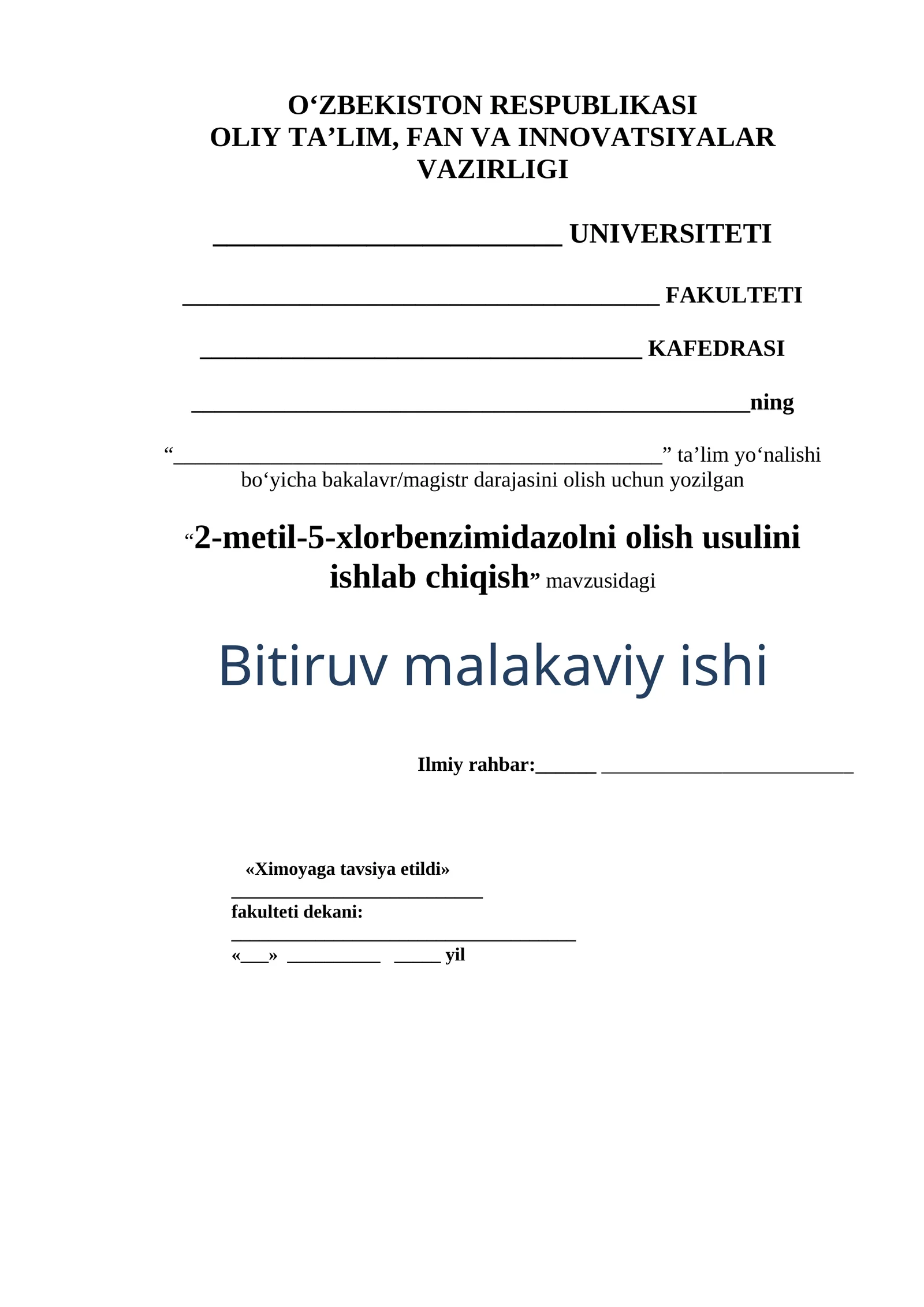 2-metil-5-xlorbenzimidazolni olish usulini ishlab chiqish