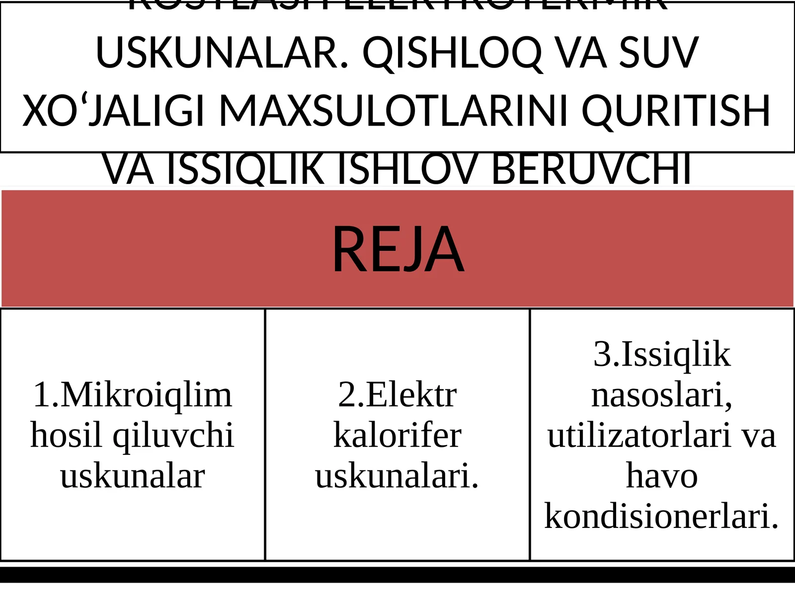 QISHLOQ VA SUV XO‘JALIGI MAXSULOTLARINI QURITISH VA ISSIQLIK ISHLOV BERUVCHI ELEKTROTERMIK USKUNALAR