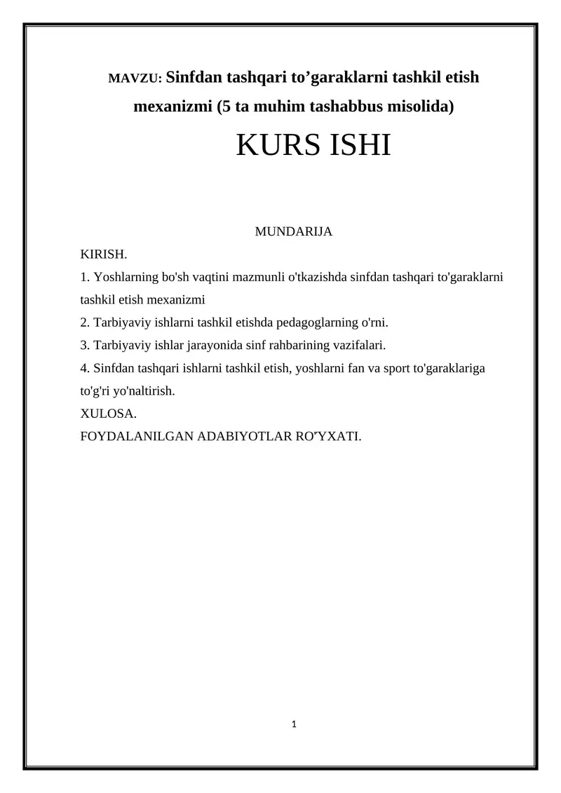 Sinfdan tashqari to’garaklarni tashkil etish mexanizmi (5 ta muhim tashabbus misolida)