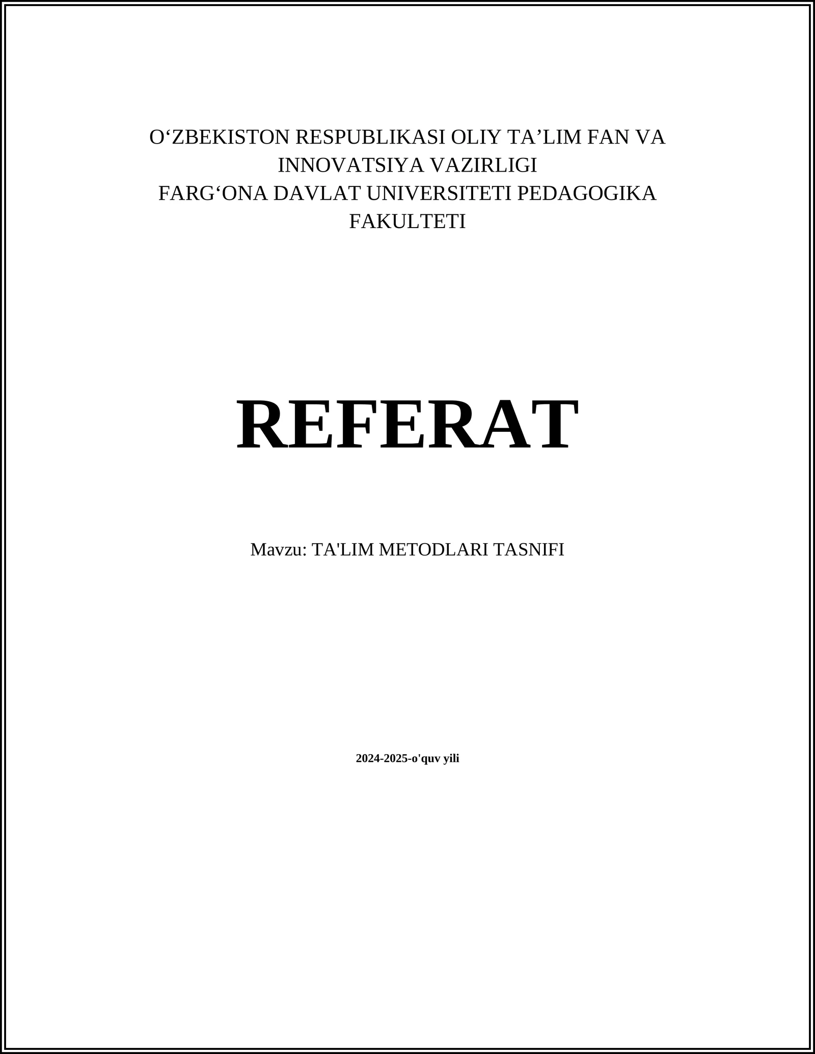 TA'LIM METODLARI TASNIFI