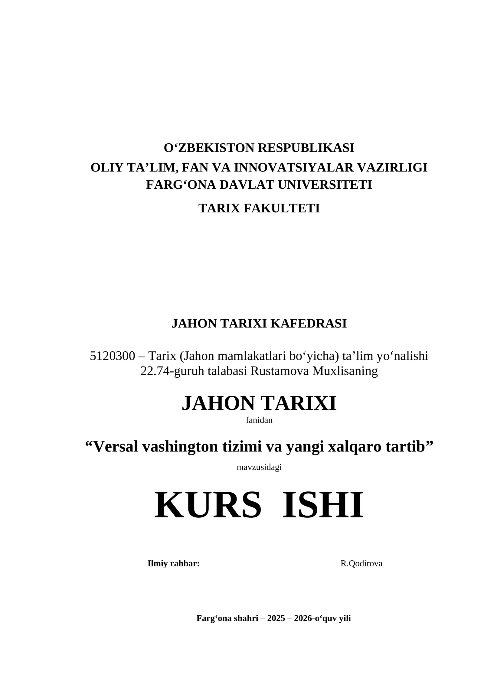 Versal vashington tizimi va yangi xalqaro tartibi