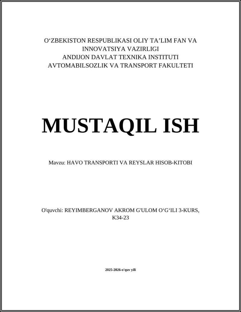 HAVO TRANSPORTI VA REYSLAR HISOB-KITOBI