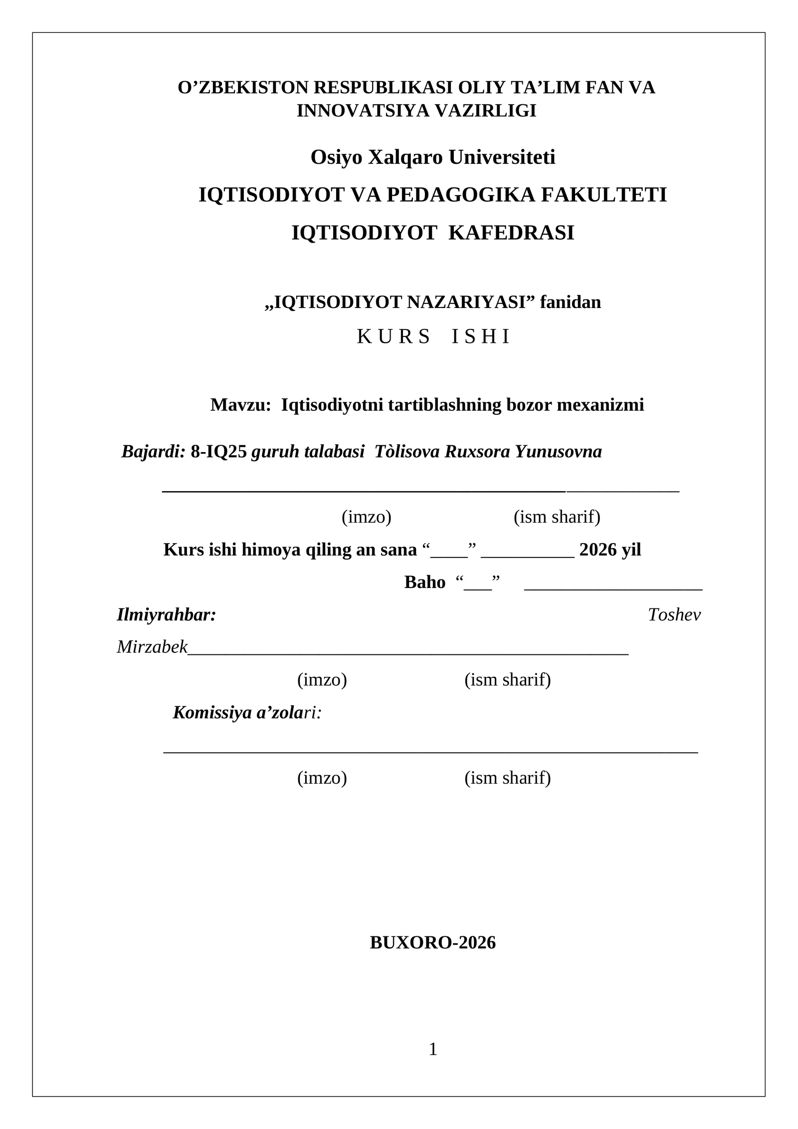 Iqtisodiyotni tartiblashning bozor mexanizmi