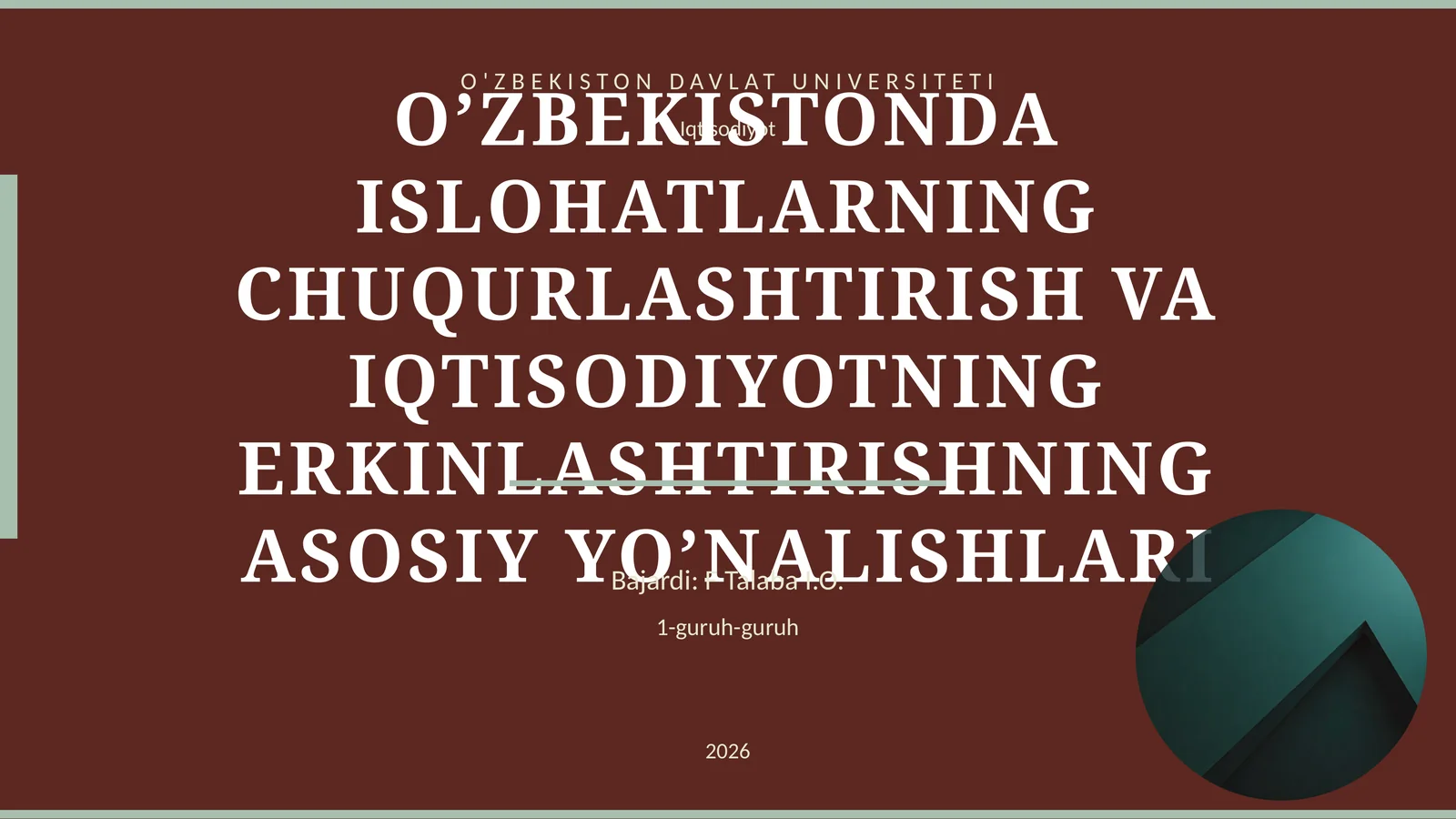 O’ZBEKISTONDA ISLOHATLARNING CHUQURLASHTIRISH VA IQTISODIYOTNING ERKINLASHTIRISHNING ASOSIY YO’NALISHLARI