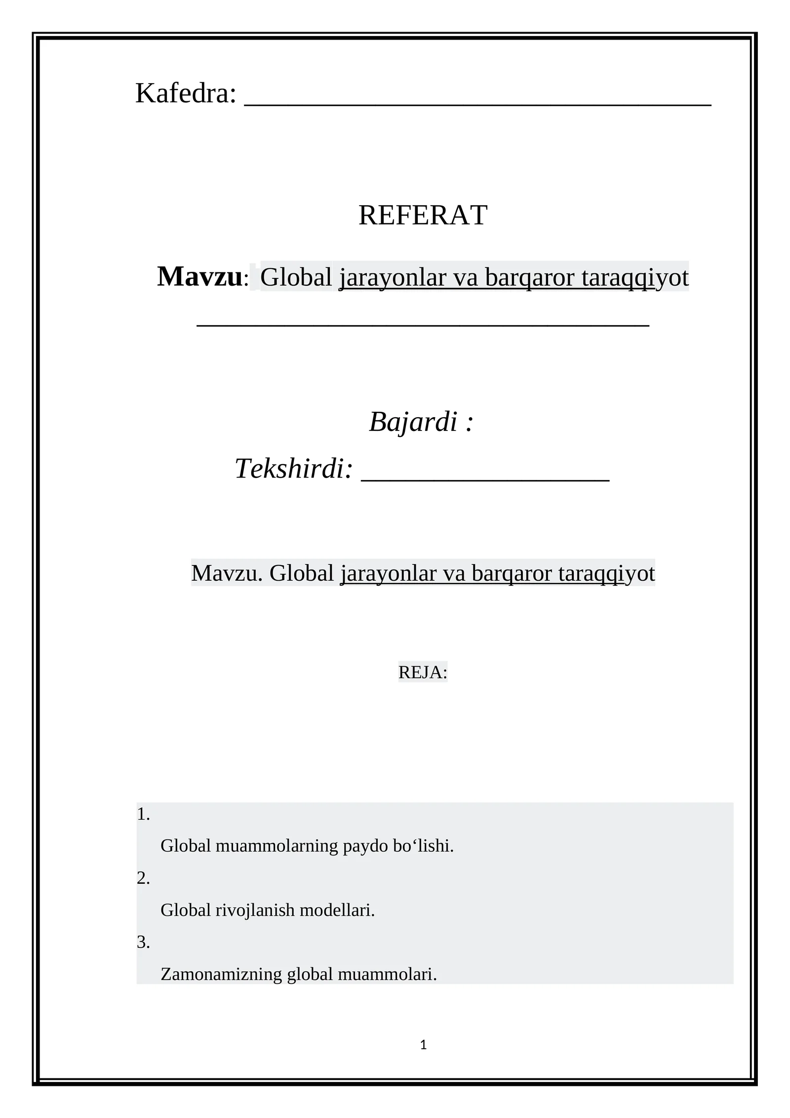 Global jarayonlar va barqaror taraqqiyot