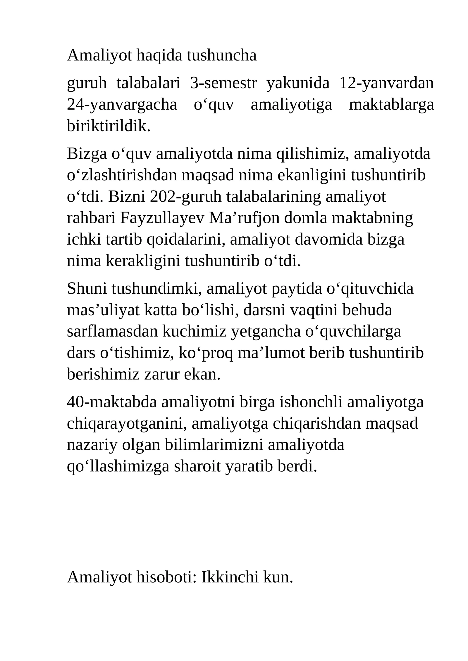 pedagogika AMALIYOT HISOBOTI