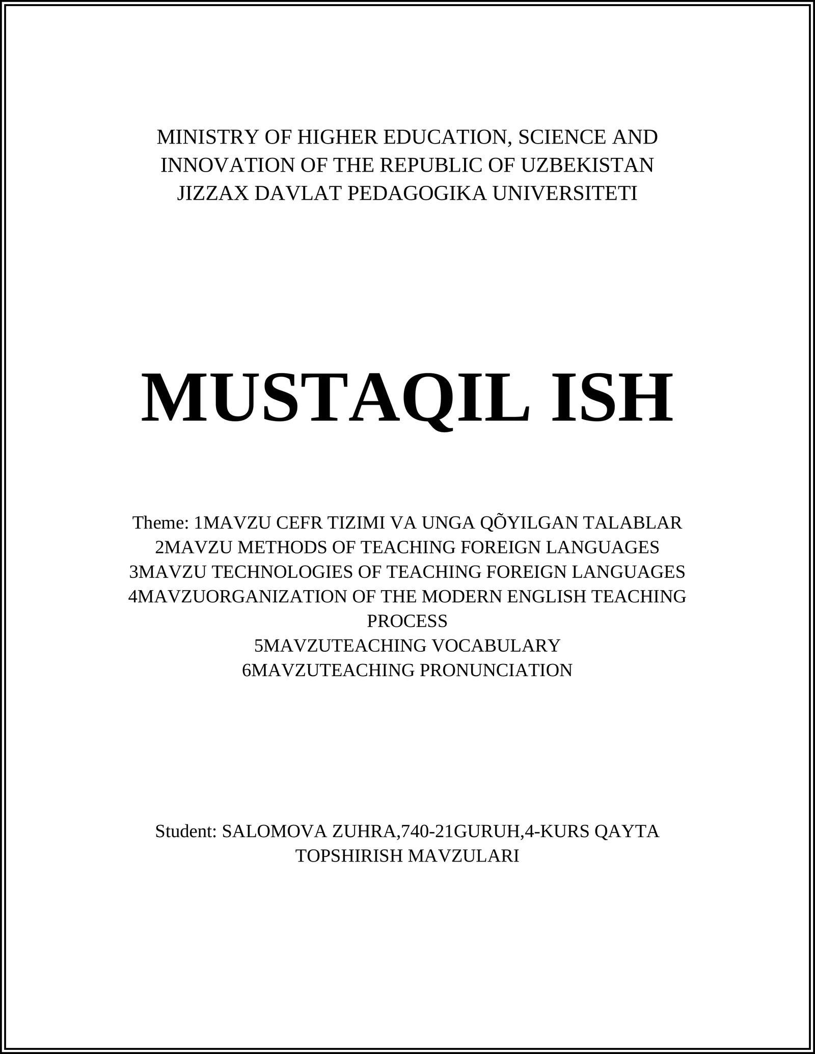 CEFR TIZIMI VA UNGA QÕYILGAN TALABLAR