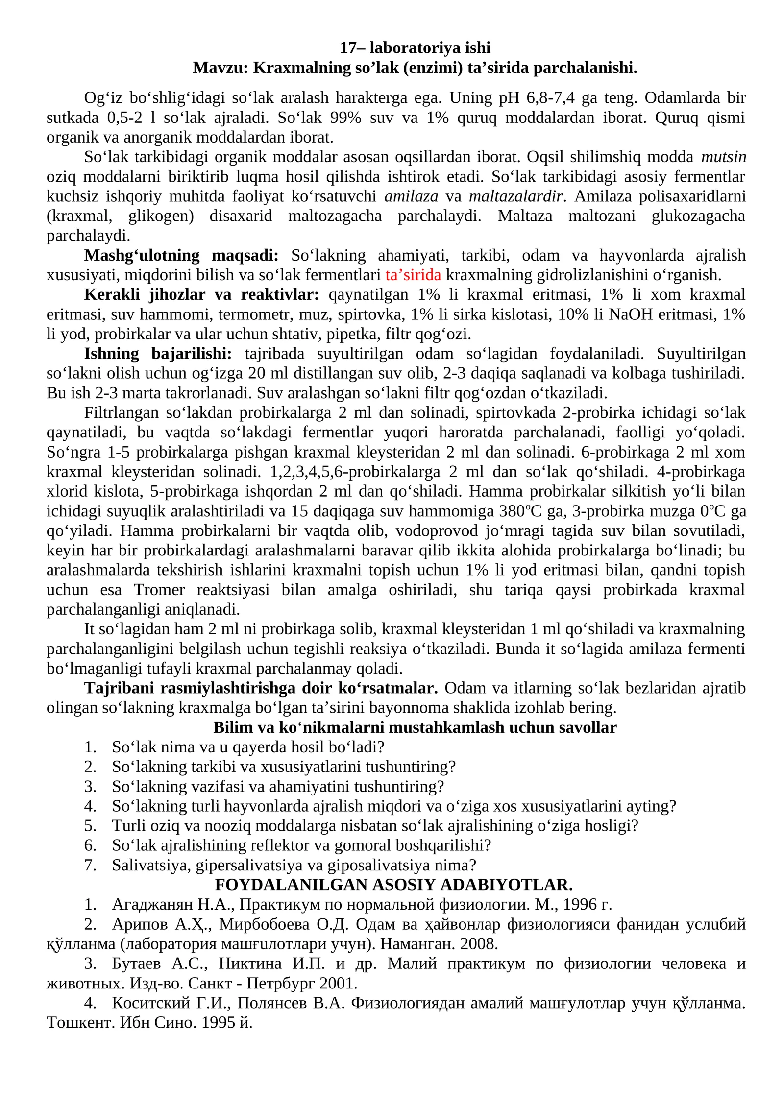 Laboratoriya ishi - Kraxmalning so’lak ta’siri