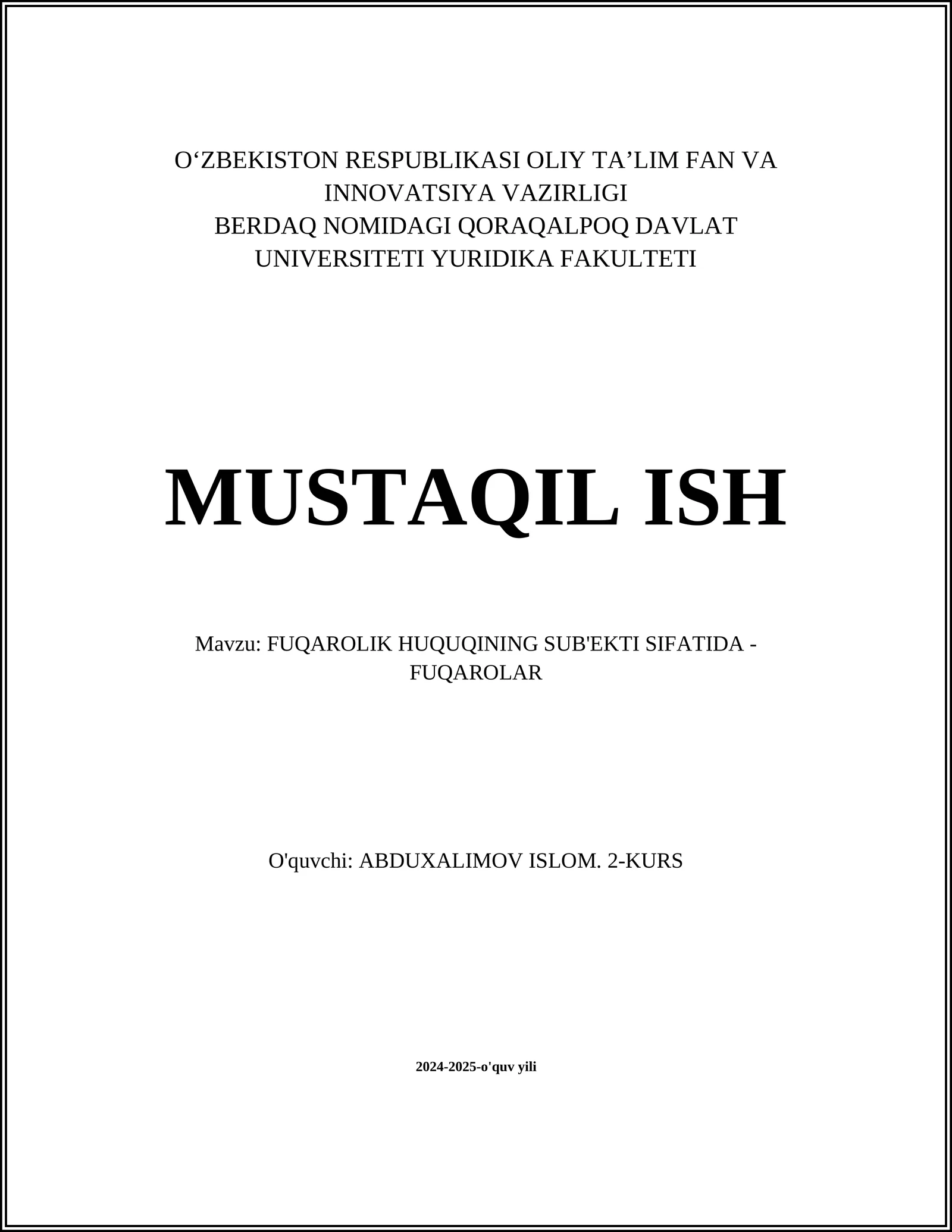 FUQAROLIK HUQUQINING SUB'EKTI SIFATIDA - FUQAROLAR