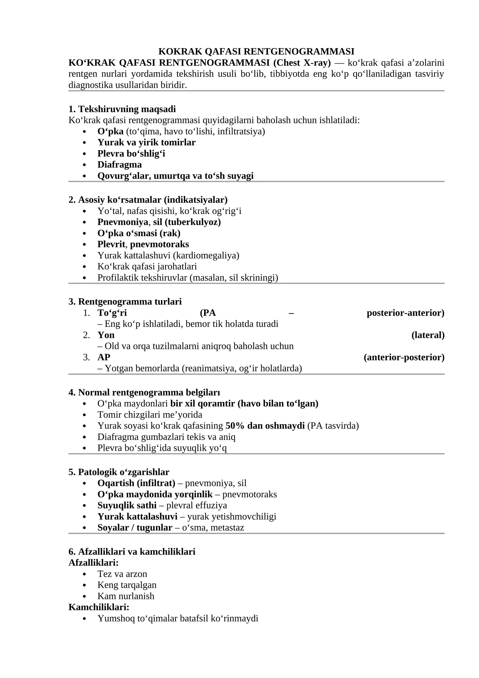 Ko‘krak Qafasi Rentgenogrammasi (Chest X-ray)