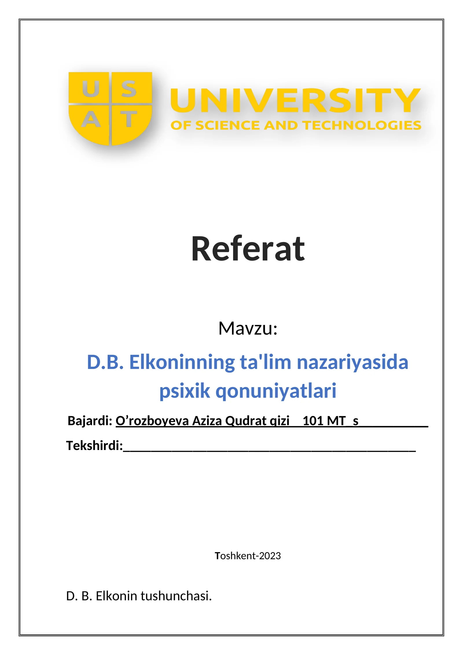 D.B. Elkoninning ta'lim nazariyasida psixik qonuniyatlari