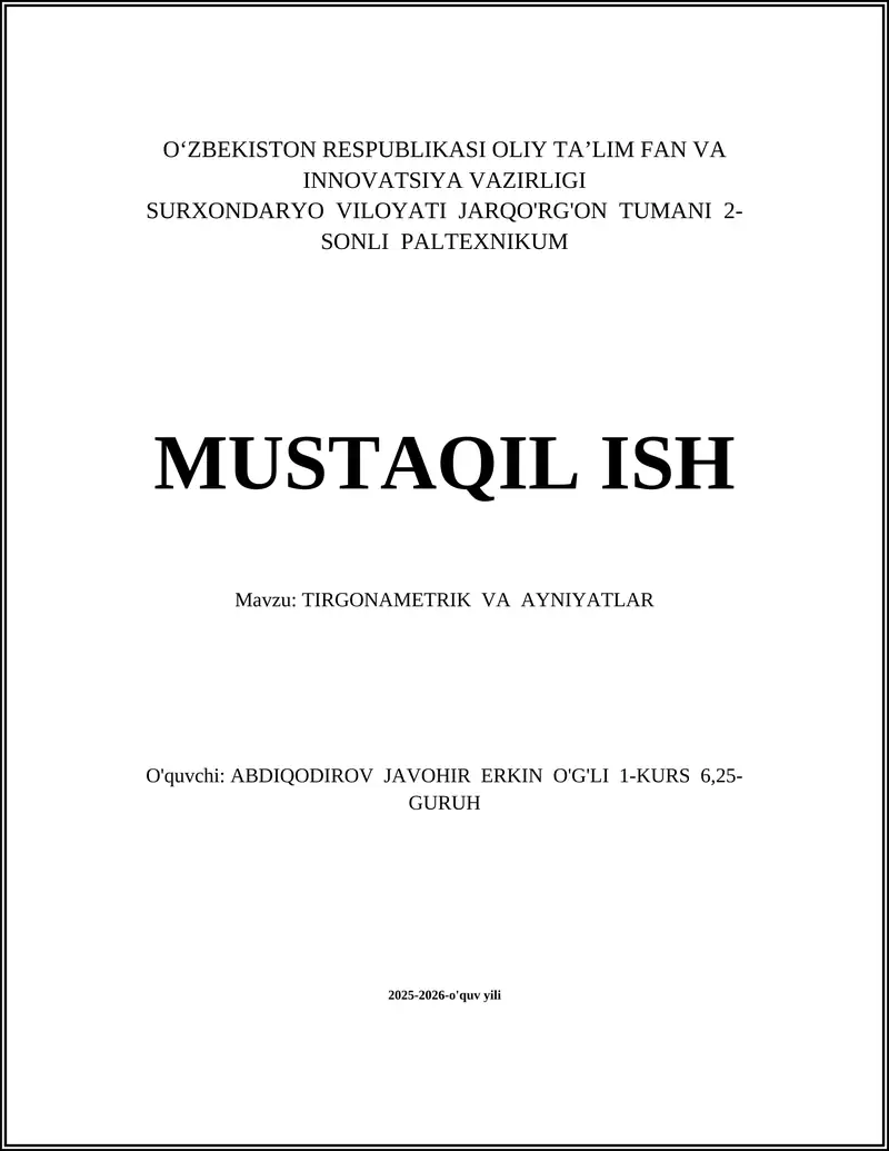 TIRGONAMETRIK VA AYNIYATLAR