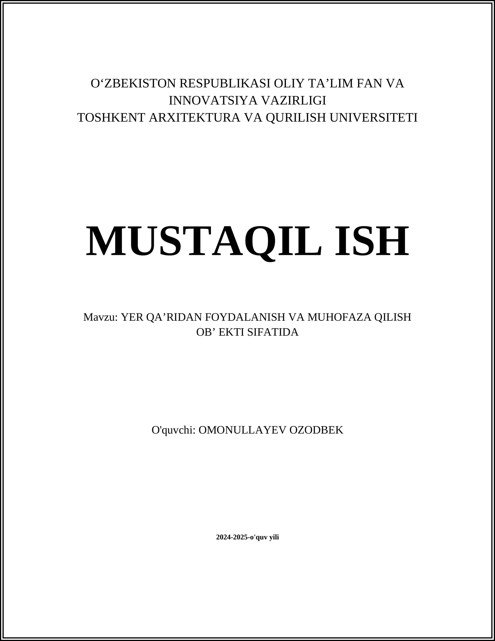 YER QA’RIDAN FOYDALANISH VA MUHOFAZA QILISH OB’ EKTI SIFATIDA