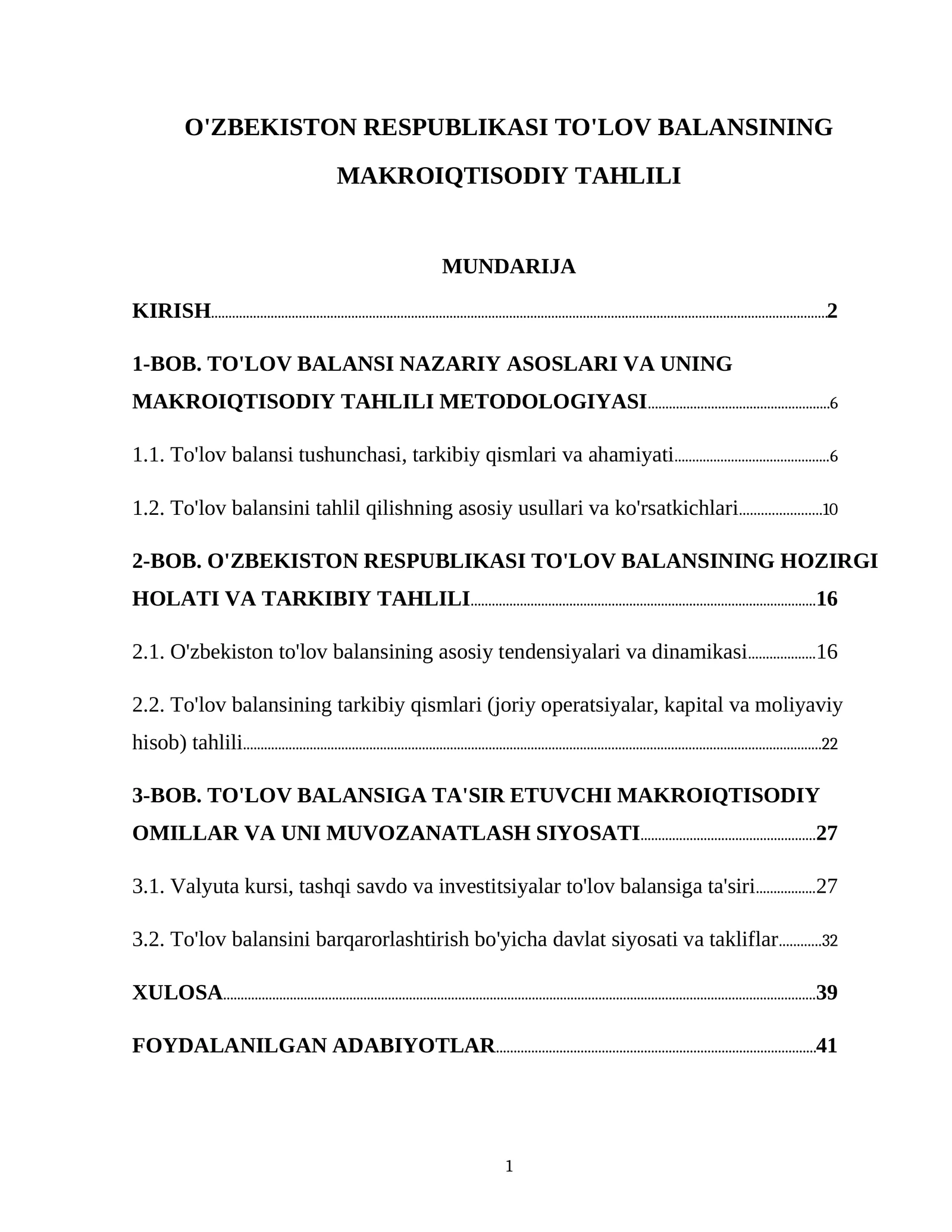 O'ZBEKISTON RESPUBLIKASI TO'LOV BALANSINING MAKROIQTISODIY TAHLILI